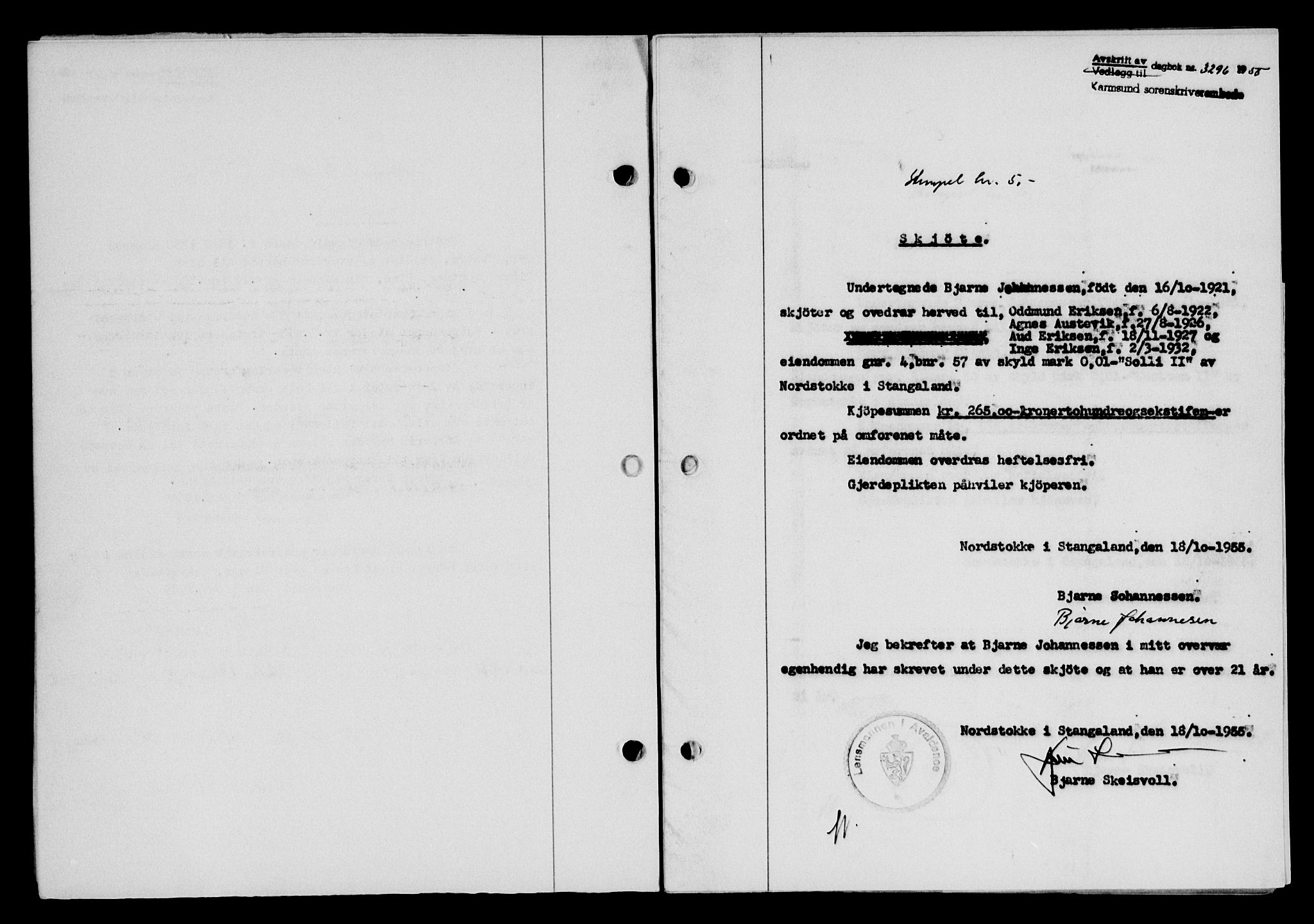 Karmsund sorenskriveri, SAST/A-100311/01/II/IIB/L0117: Pantebok nr. 97Aa, 1955-1955, Dagboknr: 3296/1955