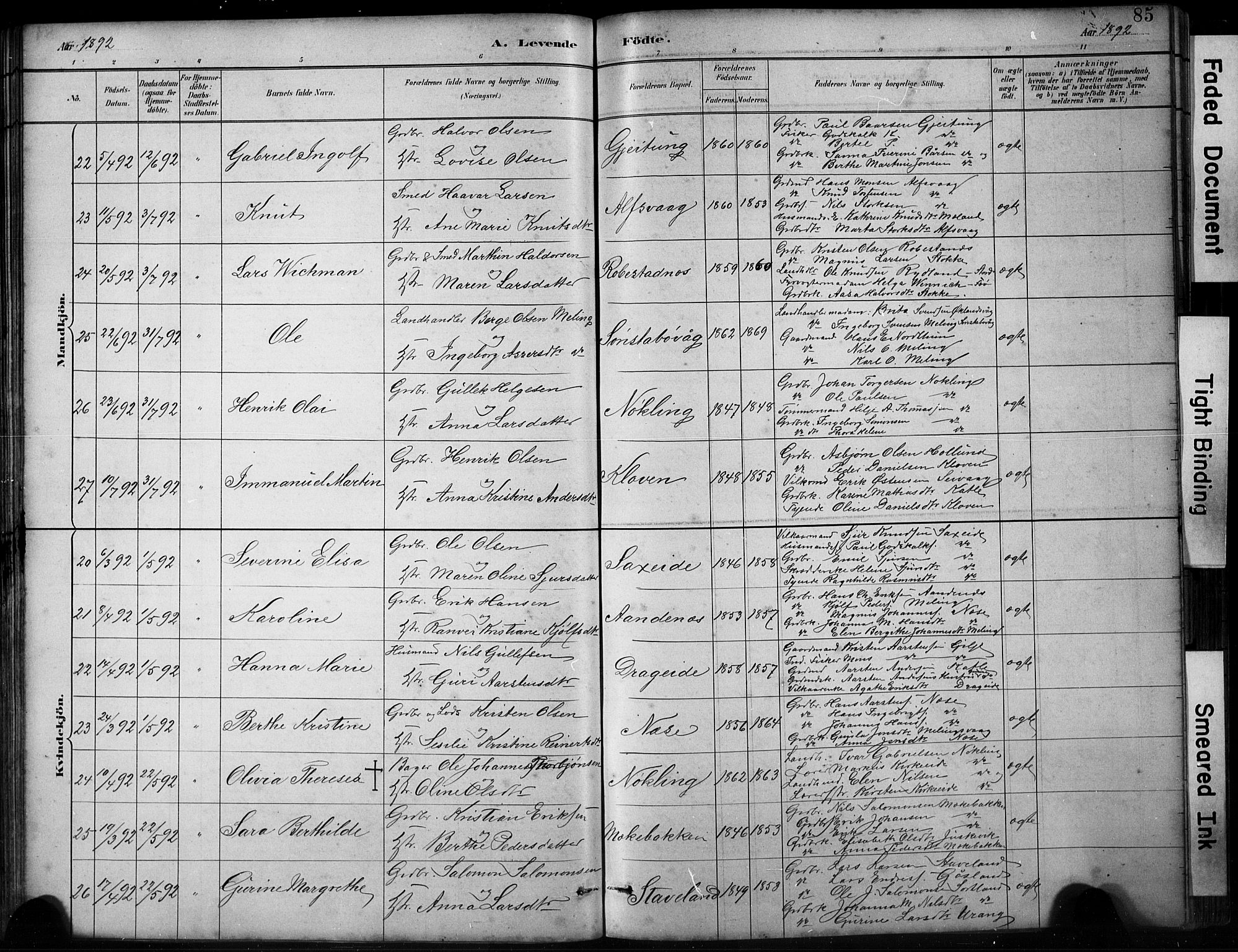 Finnås sokneprestembete, AV/SAB-A-99925/H/Ha/Hab/Habb/L0003: Klokkerbok nr. B 3, 1882-1897, s. 85