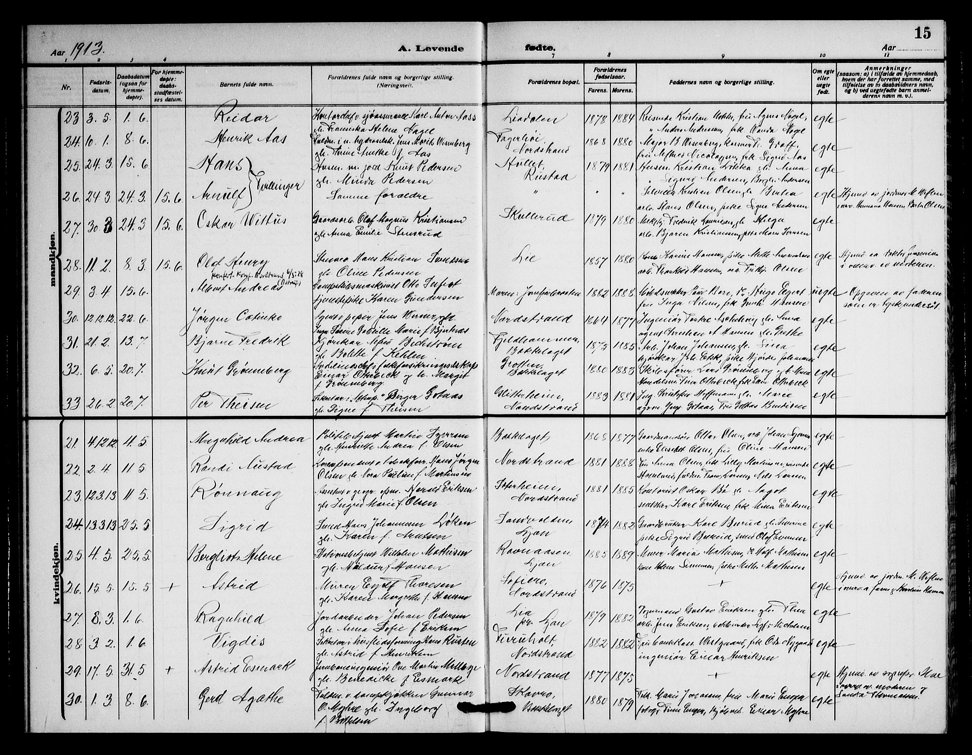 Nordstrand prestekontor Kirkebøker, AV/SAO-A-10362a/G/Ga/L0001: Klokkerbok nr. I 1, 1911-1918, s. 15