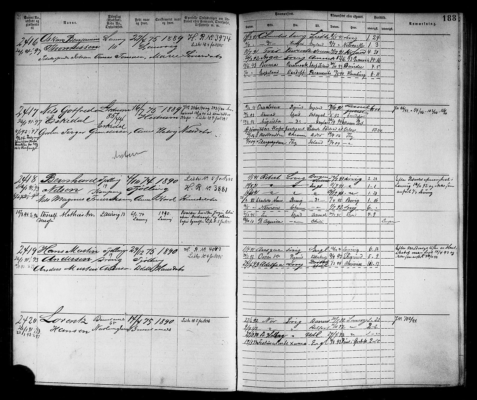 Larvik innrulleringskontor, AV/SAKO-A-787/F/Fb/L0005: Annotasjonsrulle, 1883-1898, s. 191