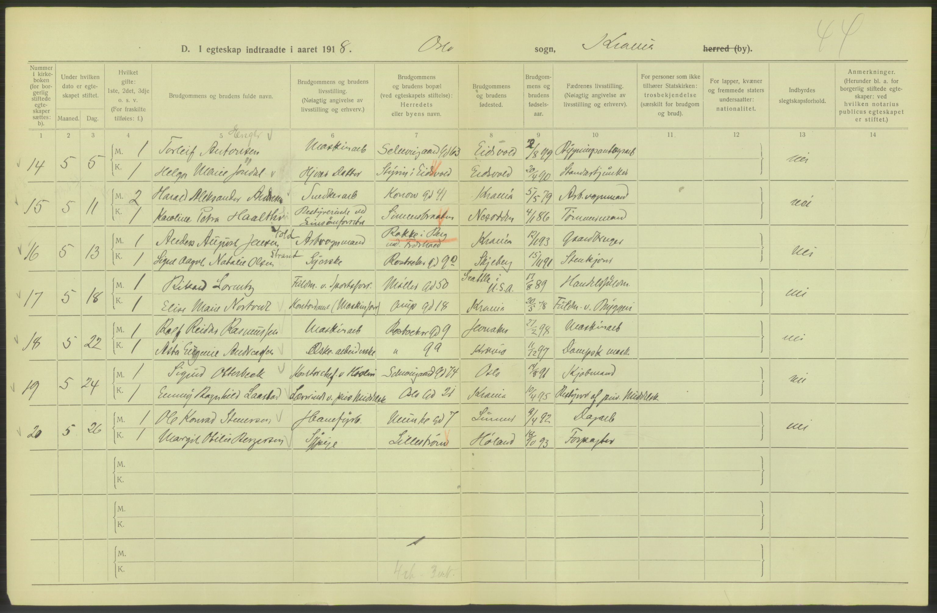 Statistisk sentralbyrå, Sosiodemografiske emner, Befolkning, AV/RA-S-2228/D/Df/Dfb/Dfbh/L0009: Kristiania: Gifte, 1918, s. 968