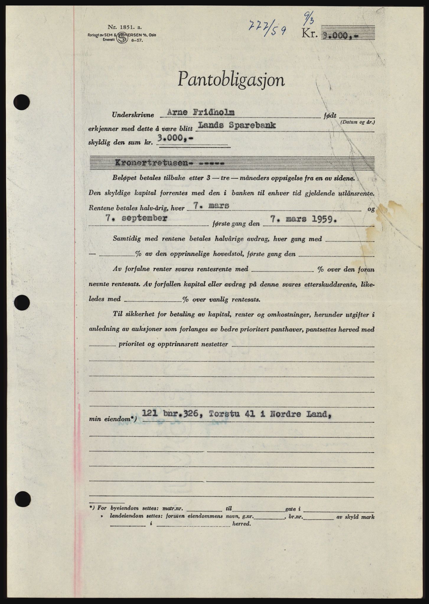 Hadeland og Land tingrett, SAH/TING-010/H/Hb/Hbc/L0040: Pantebok nr. B40, 1959-1959, Dagboknr: 777/1959