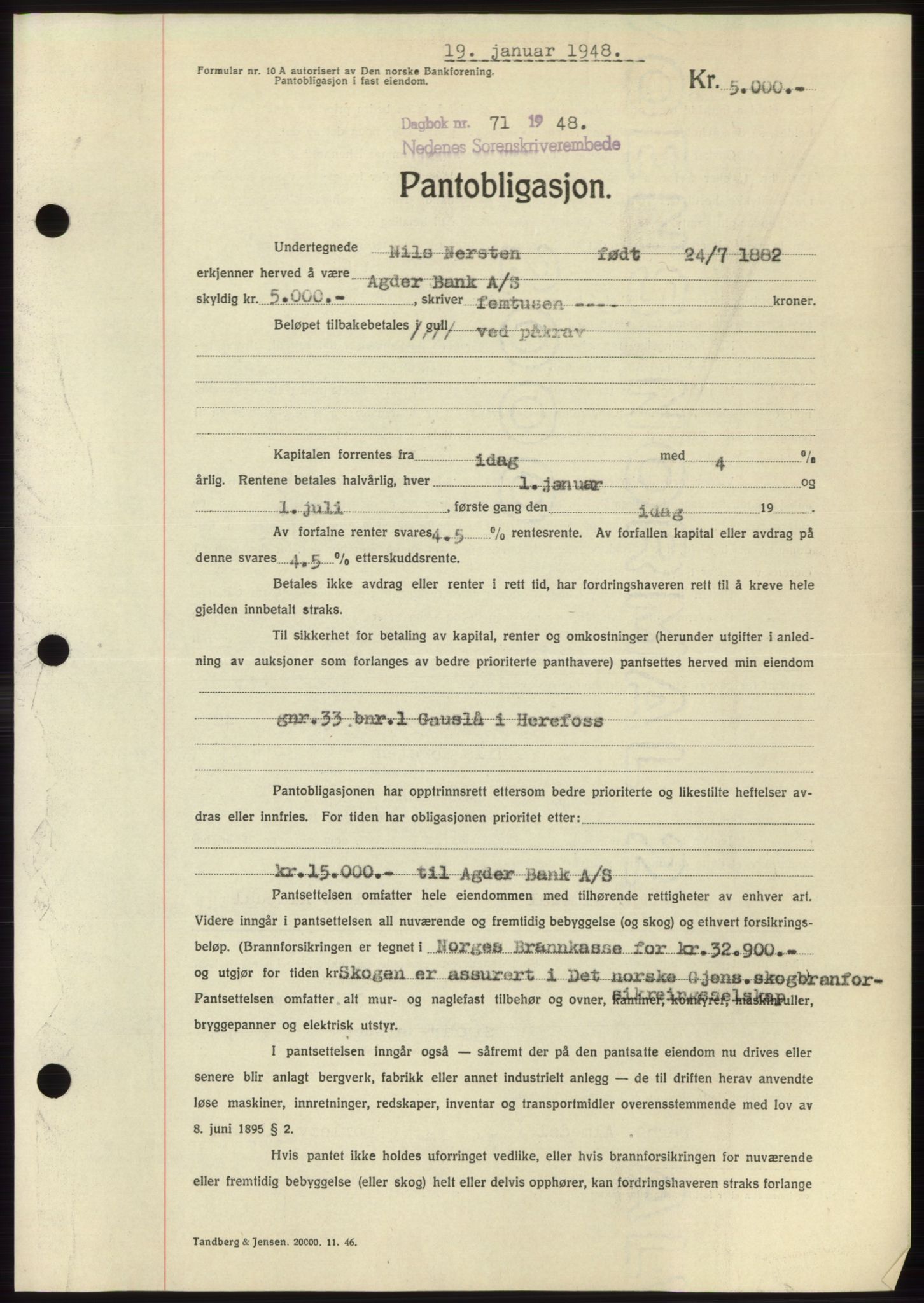 Nedenes sorenskriveri, AV/SAK-1221-0006/G/Gb/Gbb/L0005: Pantebok nr. B5, 1948-1948, Dagboknr: 71/1948