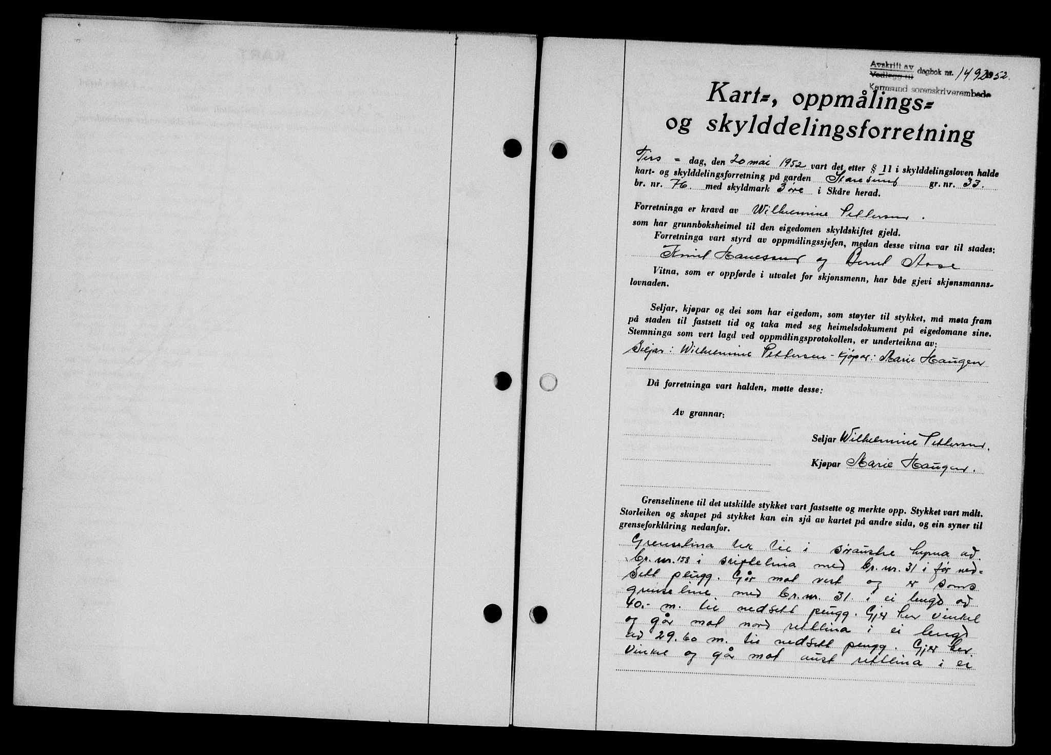 Karmsund sorenskriveri, SAST/A-100311/01/II/IIB/L0105: Pantebok nr. 85A, 1952-1952, Dagboknr: 1492/1952