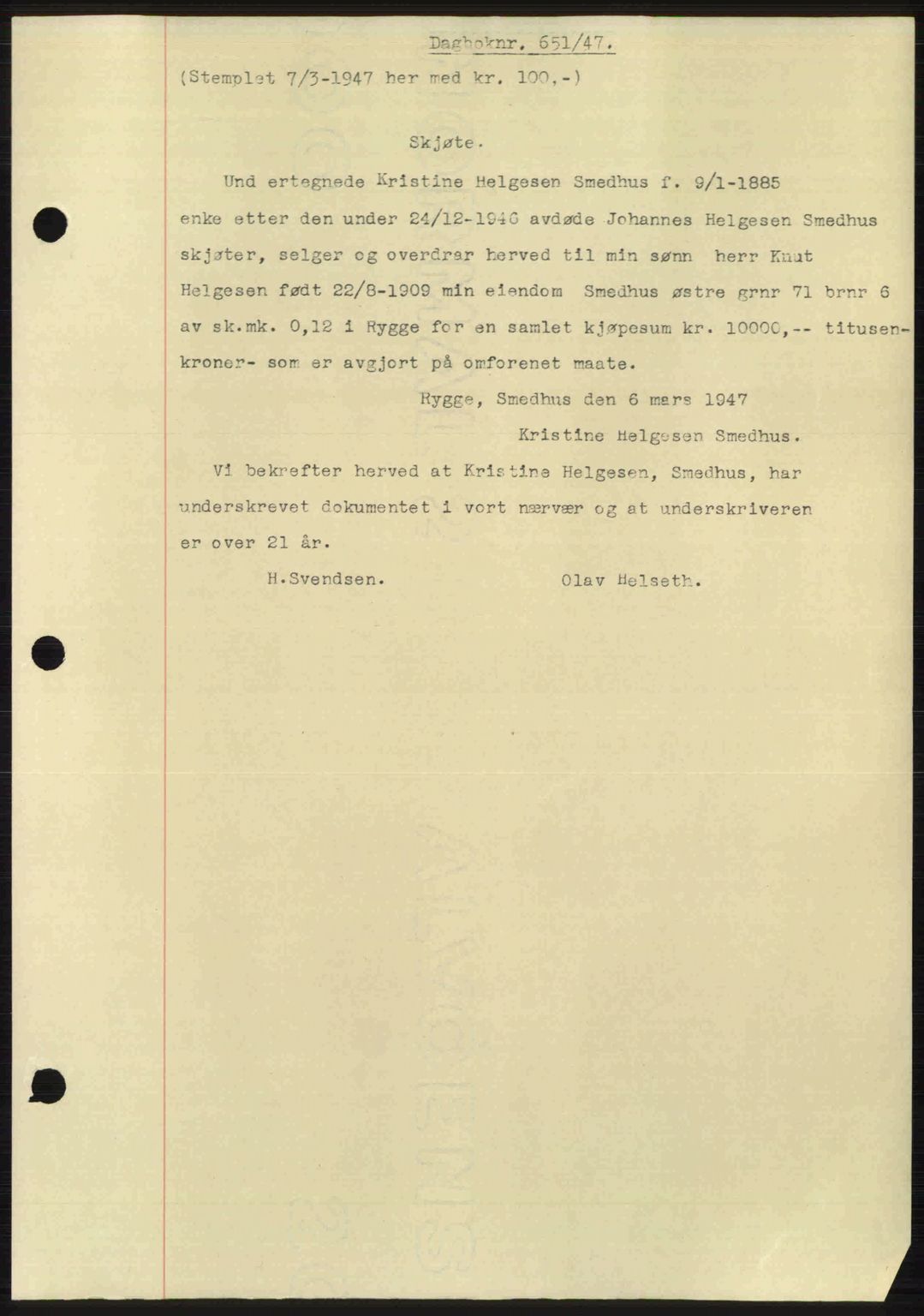 Moss sorenskriveri, SAO/A-10168: Pantebok nr. A17, 1947-1947, Dagboknr: 651/1947