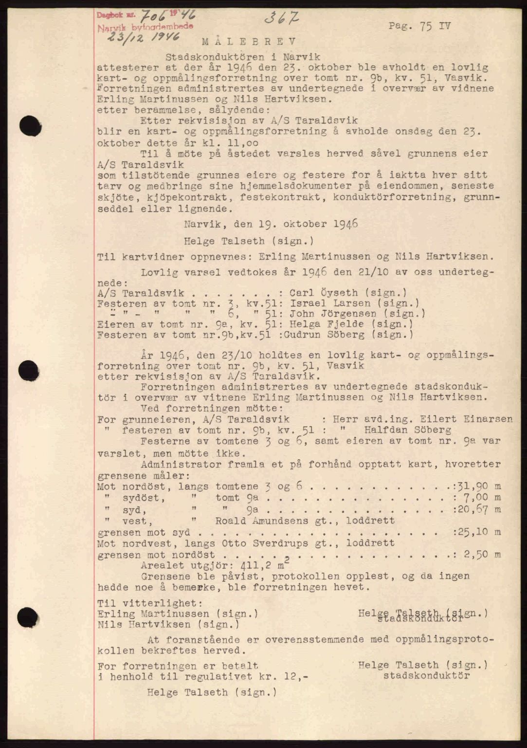 Narvik sorenskriveri, SAT/A-0002/1/2/2C/2Ca: Pantebok nr. A21, 1946-1947, Dagboknr: 706/1946