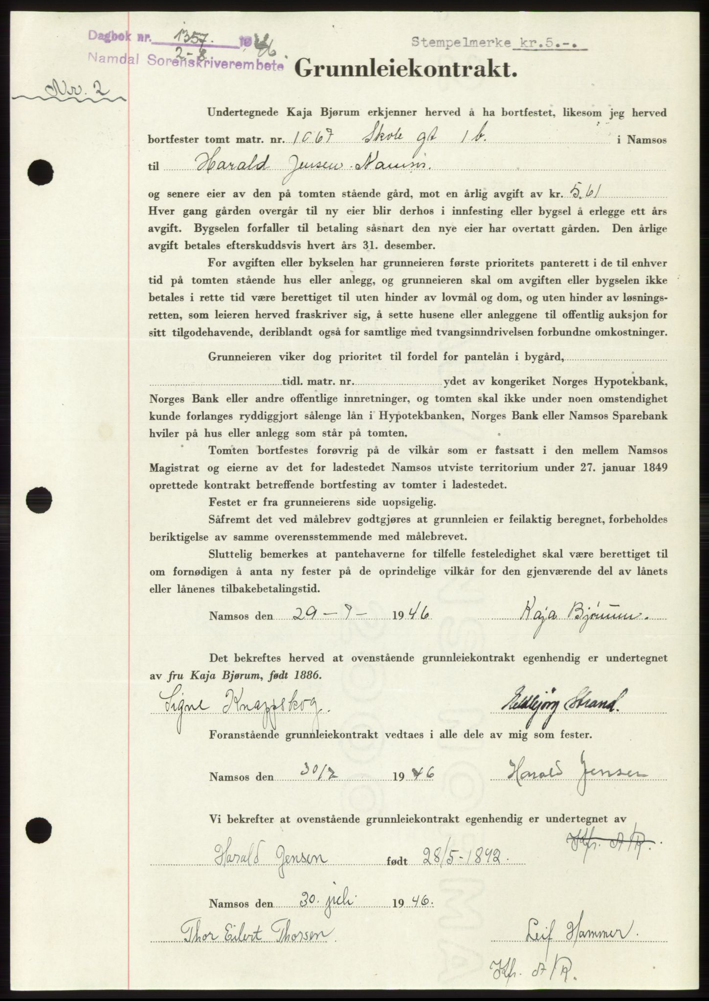 Namdal sorenskriveri, SAT/A-4133/1/2/2C: Pantebok nr. -, 1946-1946, Dagboknr: 1357/1946