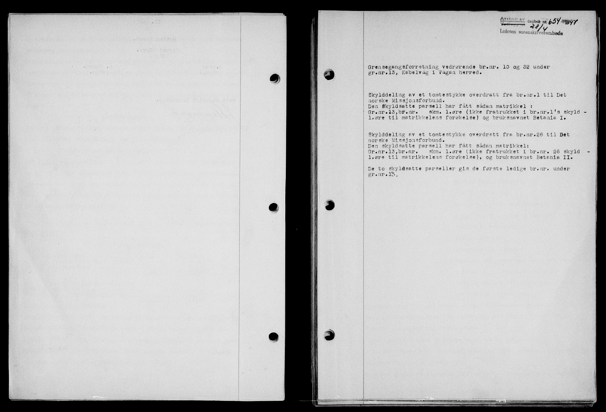 Lofoten sorenskriveri, SAT/A-0017/1/2/2C/L0016a: Pantebok nr. 16a, 1947-1947, Dagboknr: 654/1947