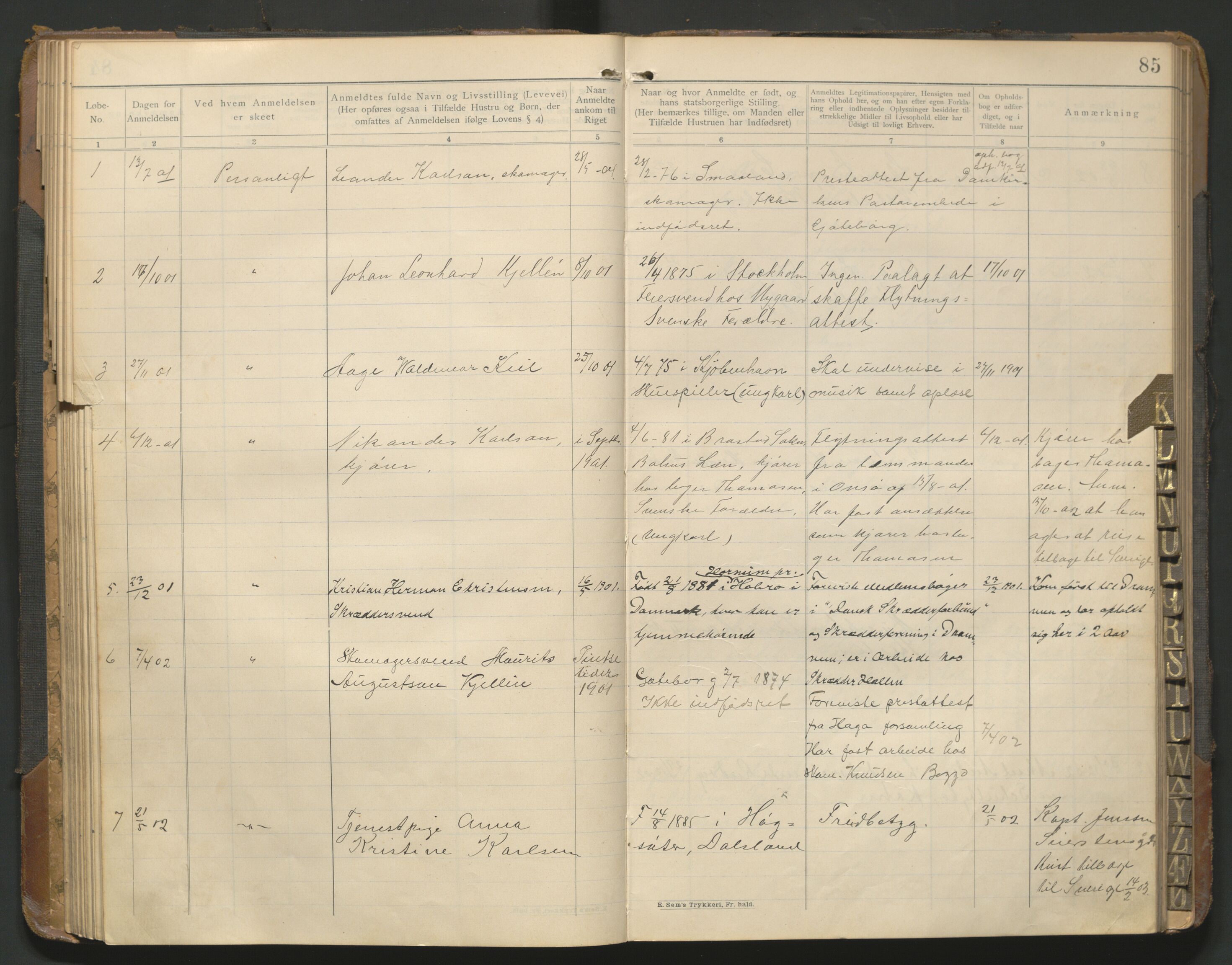 Fredrikstad politikammer, AV/SAO-A-10055/H/Hb/Hba/L0001: Protokoll over fremmede statsborgere, 1901-1916, s. 84b-85a