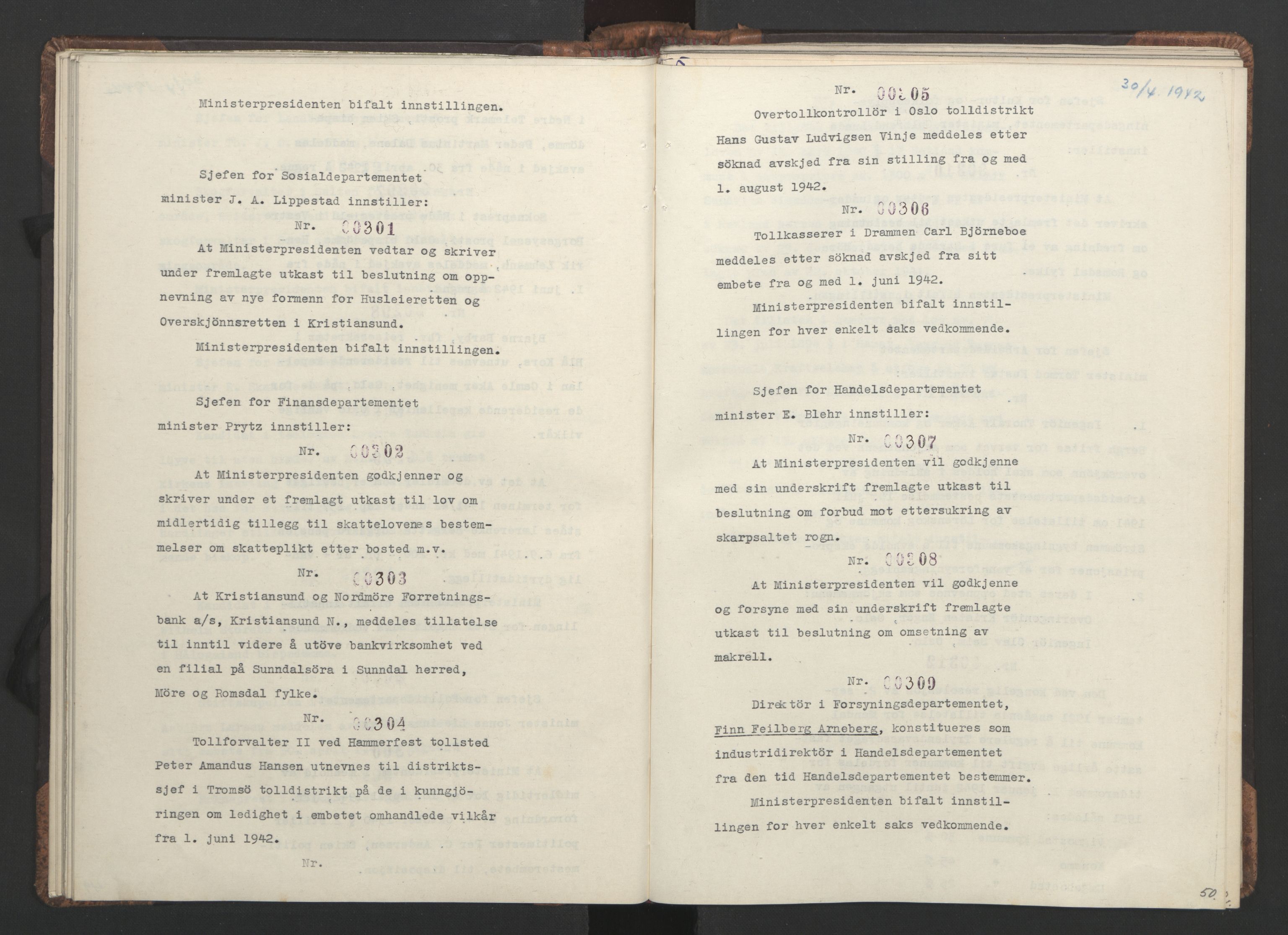 NS-administrasjonen 1940-1945 (Statsrådsekretariatet, de kommisariske statsråder mm), RA/S-4279/D/Da/L0001: Beslutninger og tillegg (1-952 og 1-32), 1942, s. 53