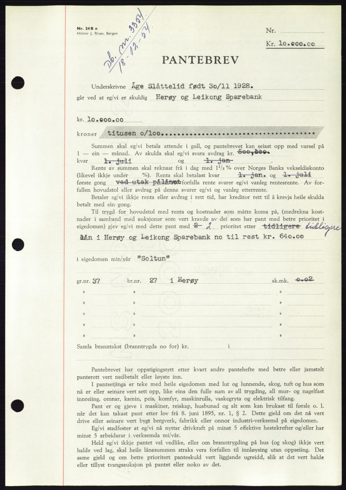 Søre Sunnmøre sorenskriveri, AV/SAT-A-4122/1/2/2C/L0126: Pantebok nr. 14B, 1954-1955, Dagboknr: 3354/1954