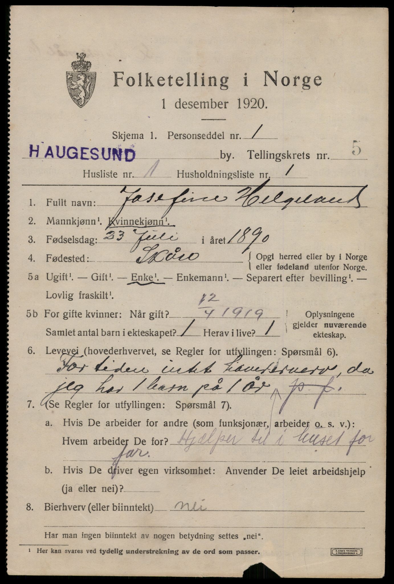 SAST, Folketelling 1920 for 1106 Haugesund kjøpstad, 1920, s. 17445