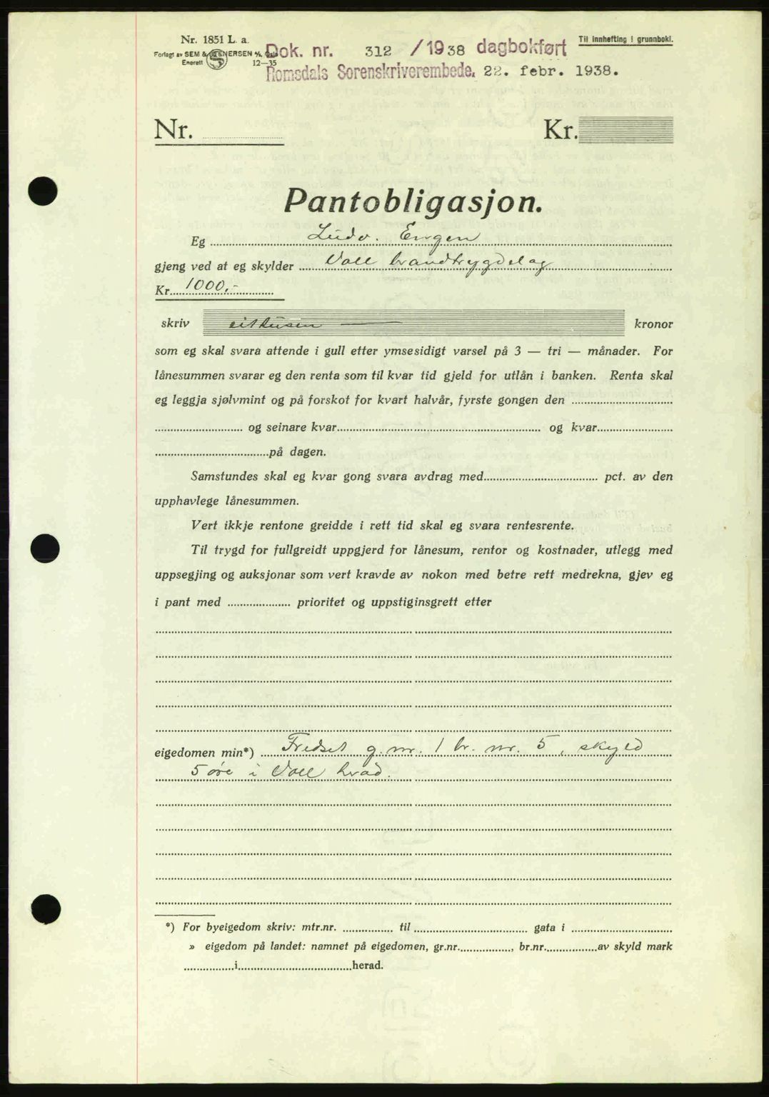 Romsdal sorenskriveri, SAT/A-4149/1/2/2C: Pantebok nr. B1, 1936-1939, Dagboknr: 312/1938