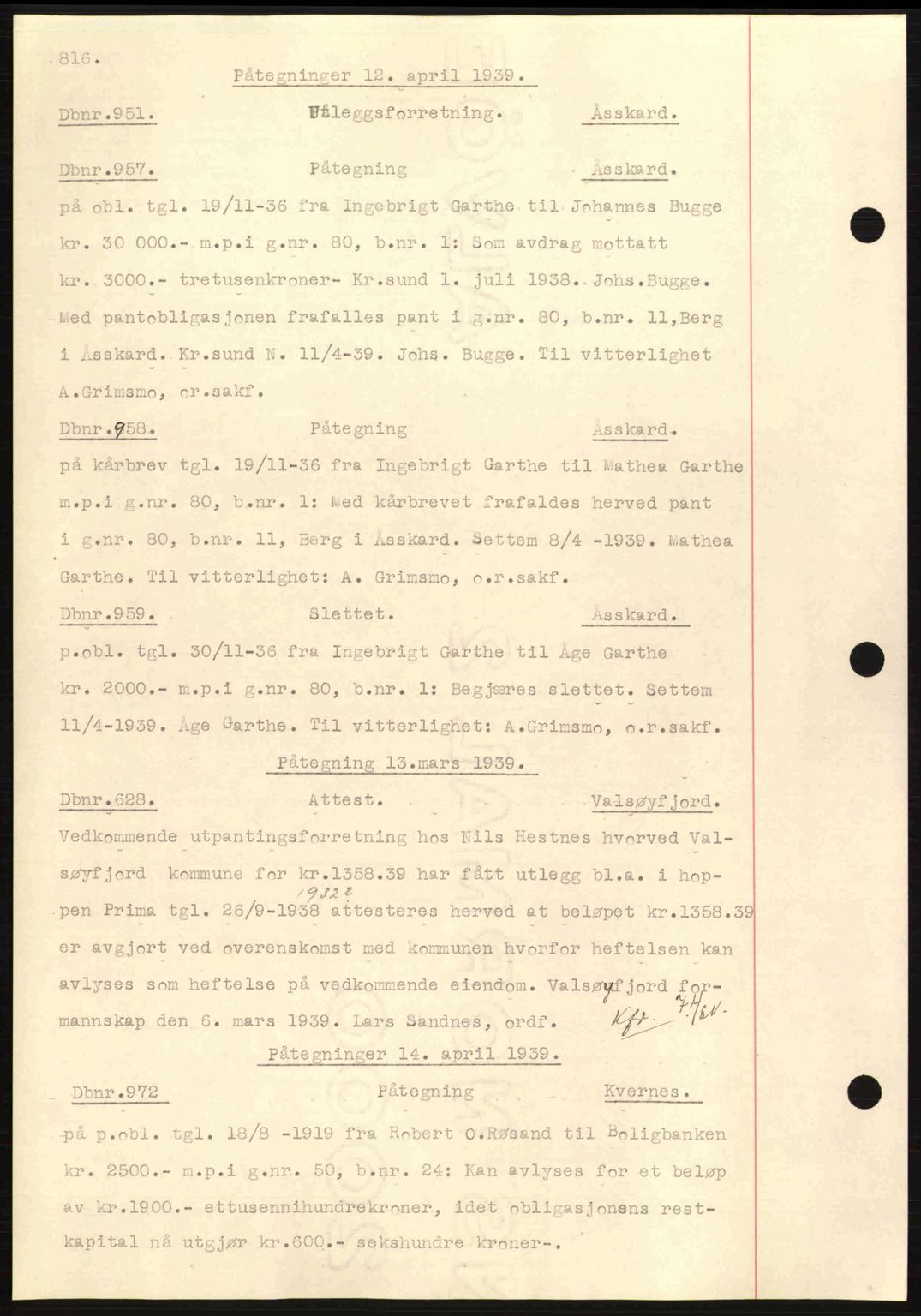 Nordmøre sorenskriveri, SAT/A-4132/1/2/2Ca: Pantebok nr. C80, 1936-1939, Dagboknr: 951/1939