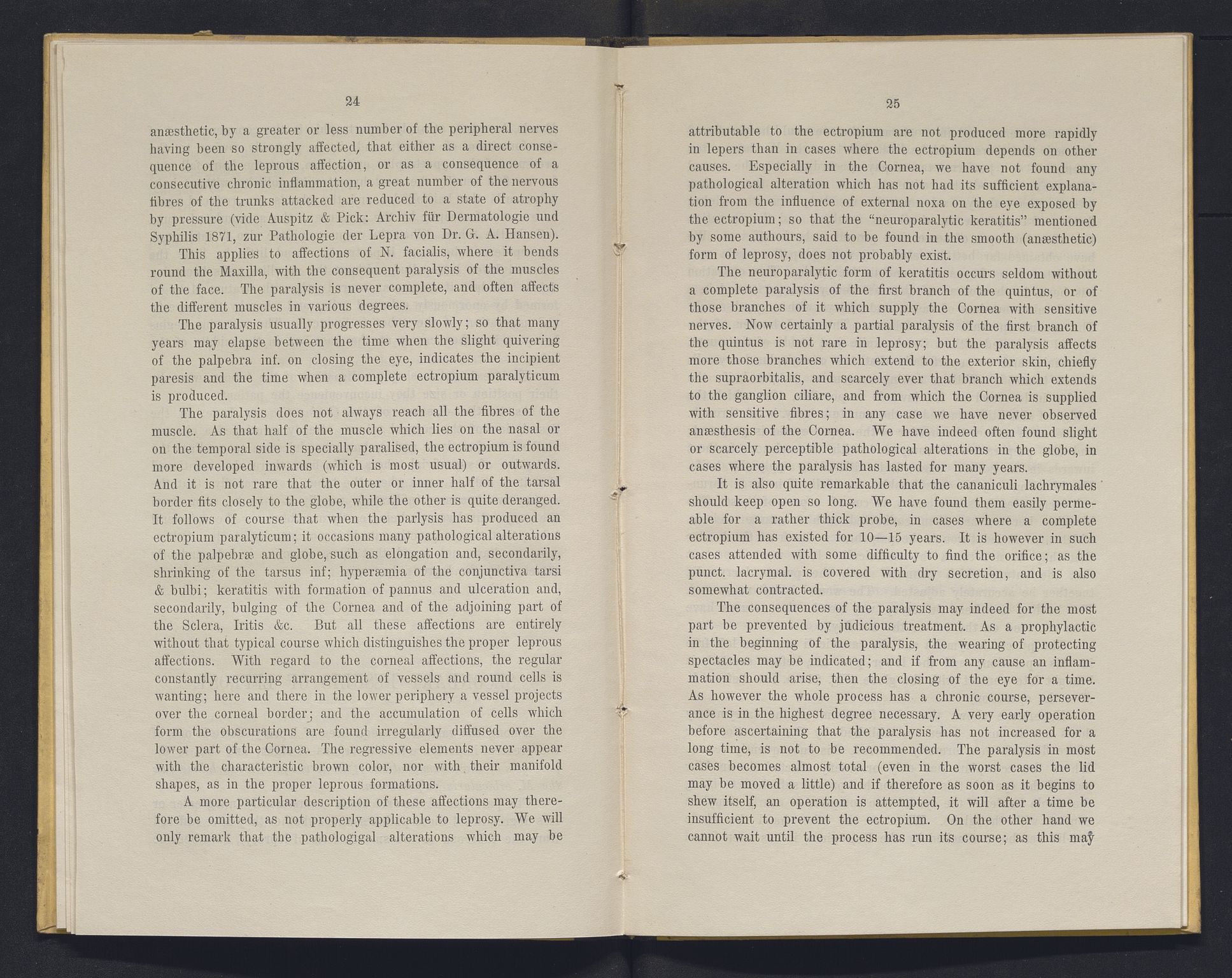 Lepraarkiver - Overlegen for den spedalske sykdom, AV/SAB-A-61001/E/L0001: The Leprous Diseases of the Eye with 6 colored plates by Dr. O.B. Bull and Dr. G.A. Hansen, 1873, s. 24-25
