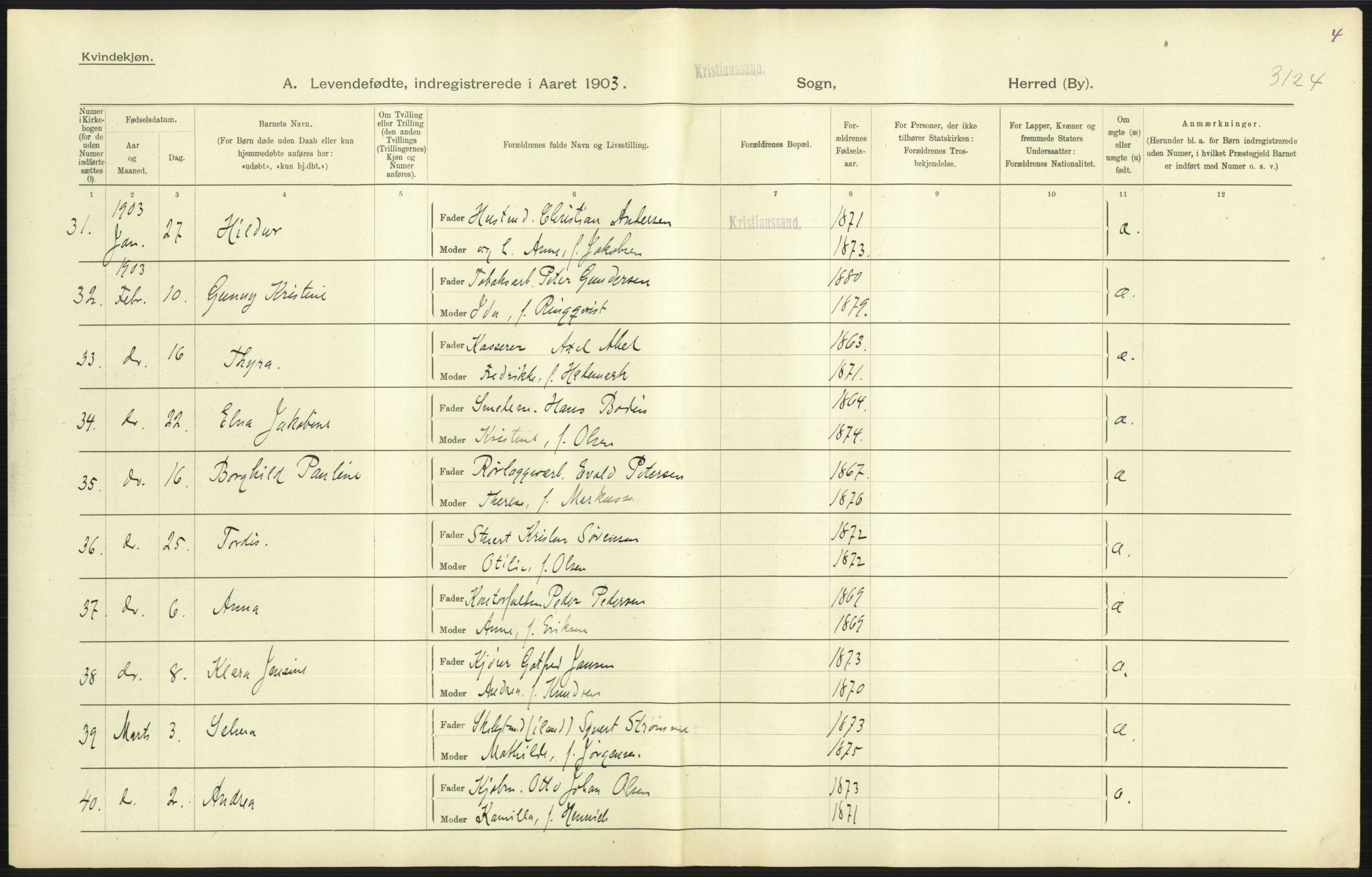 Statistisk sentralbyrå, Sosiodemografiske emner, Befolkning, AV/RA-S-2228/D/Df/Dfa/Dfaa/L0011: Lister og Mandal amt: Fødte, gifte, døde, 1903, s. 265