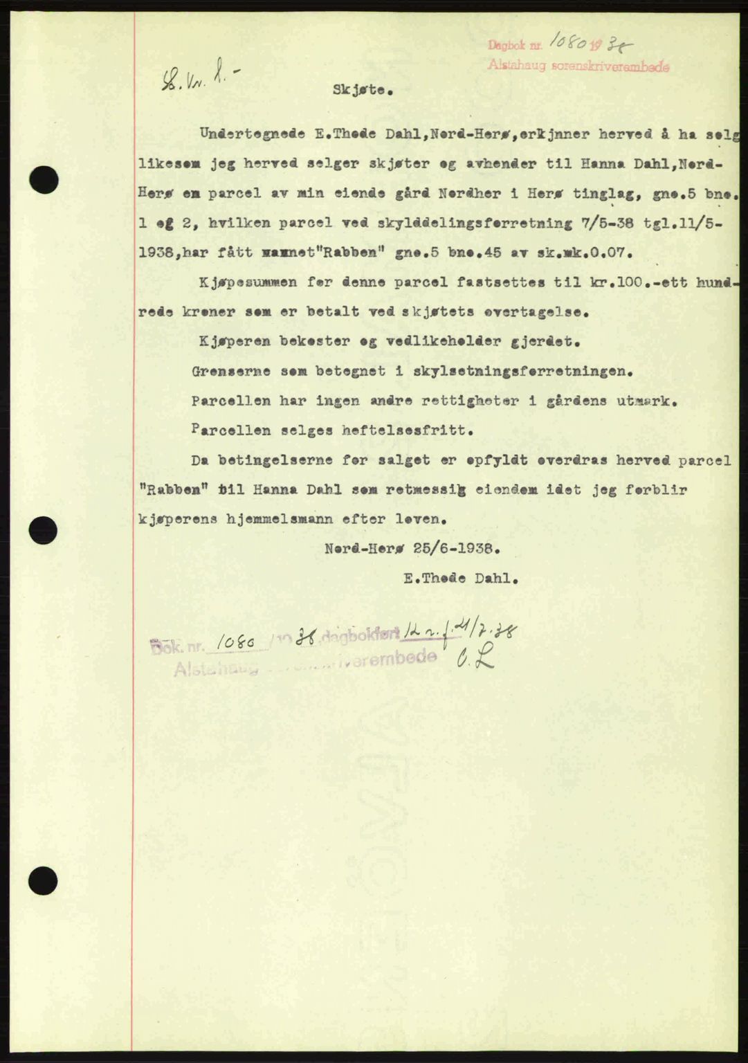 Alstahaug sorenskriveri, SAT/A-1009: Pantebok nr. A3, 1937-1938, Dagboknr: 1080/1938