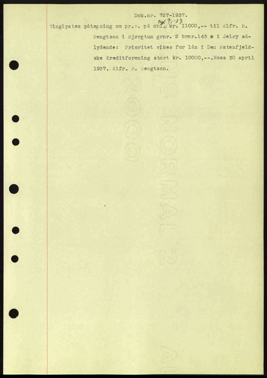 Moss sorenskriveri, SAO/A-10168: Pantebok nr. B3, 1937-1937, Dagboknr: 727/1937