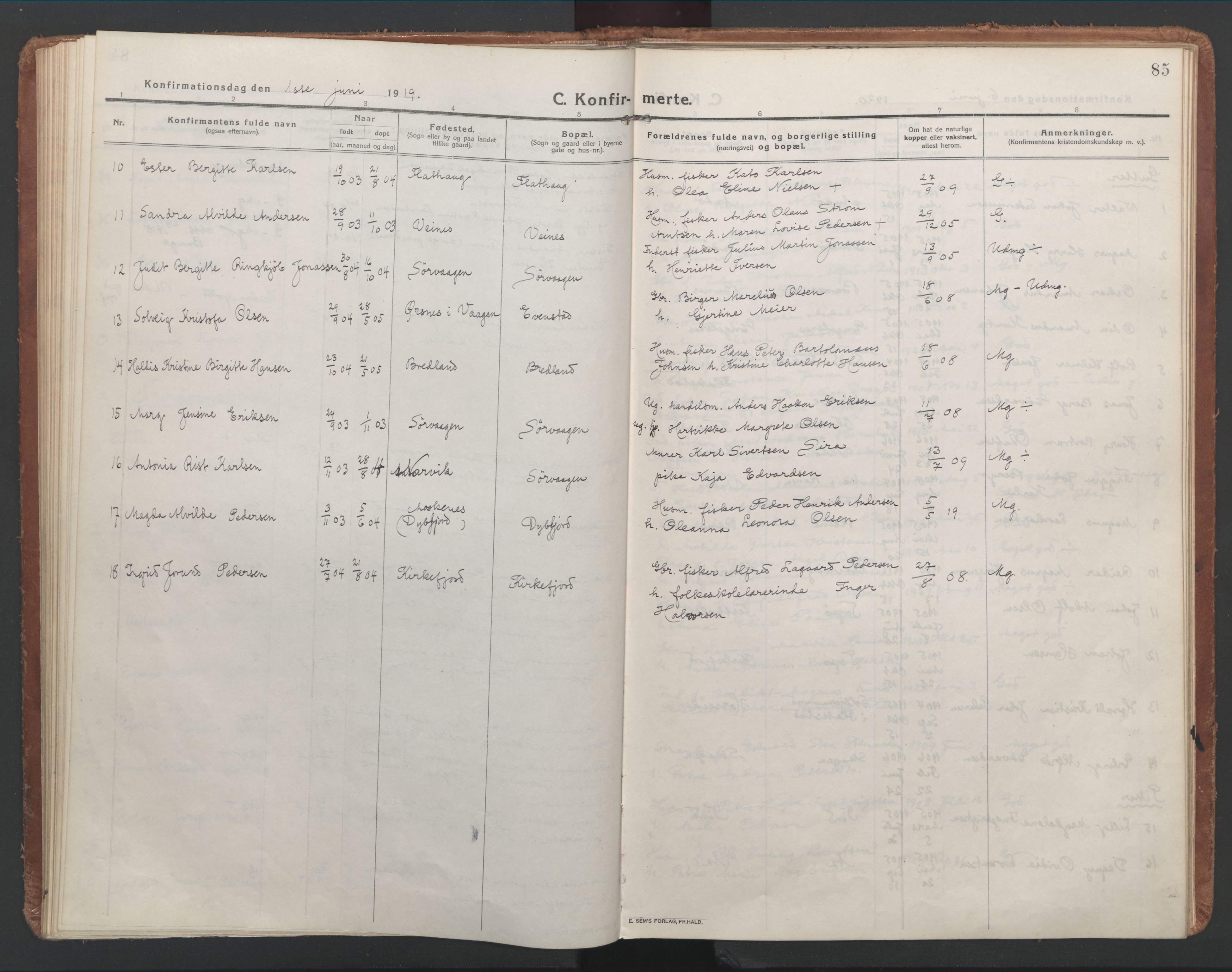 Ministerialprotokoller, klokkerbøker og fødselsregistre - Nordland, AV/SAT-A-1459/886/L1222: Ministerialbok nr. 886A04, 1914-1926, s. 85