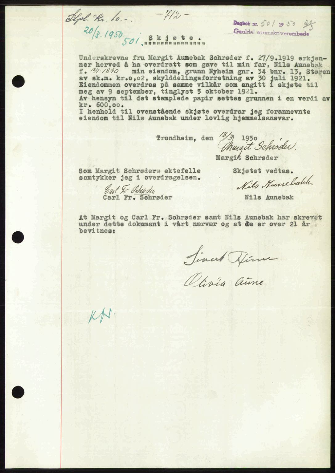 Gauldal sorenskriveri, SAT/A-0014/1/2/2C: Pantebok nr. A9, 1949-1950, Dagboknr: 501/1950