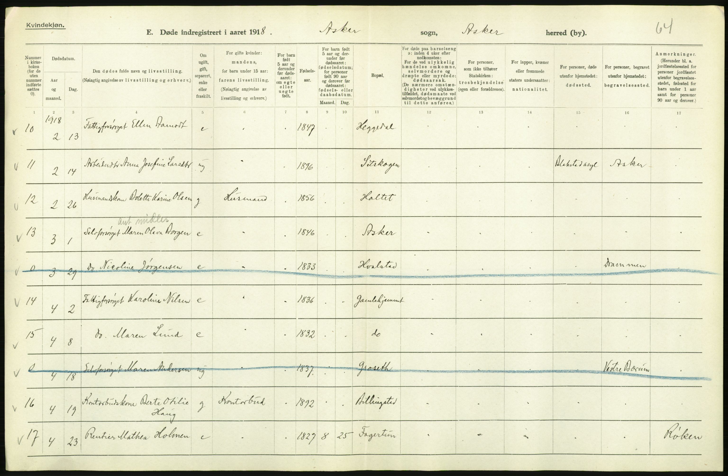 Statistisk sentralbyrå, Sosiodemografiske emner, Befolkning, AV/RA-S-2228/D/Df/Dfb/Dfbh/L0006: Akershus fylke: Døde. Bygder og byer., 1918, s. 516