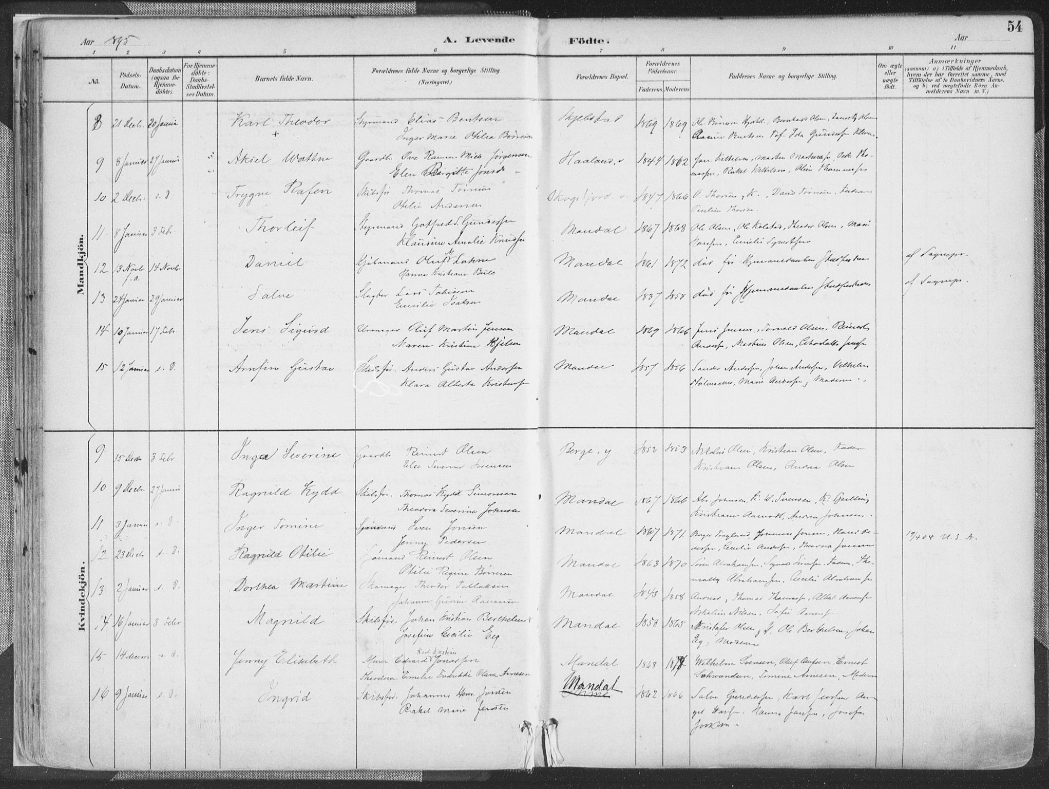 Mandal sokneprestkontor, AV/SAK-1111-0030/F/Fa/Faa/L0018: Ministerialbok nr. A 18, 1890-1905, s. 54