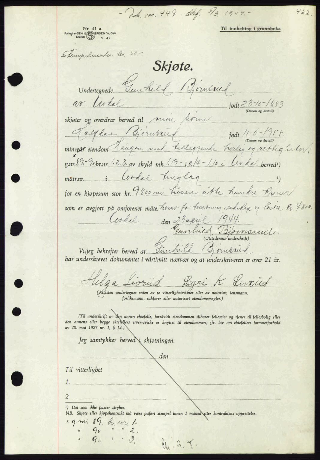 Numedal og Sandsvær sorenskriveri, SAKO/A-128/G/Ga/Gaa/L0055: Pantebok nr. A7, 1943-1944, Dagboknr: 447/1944