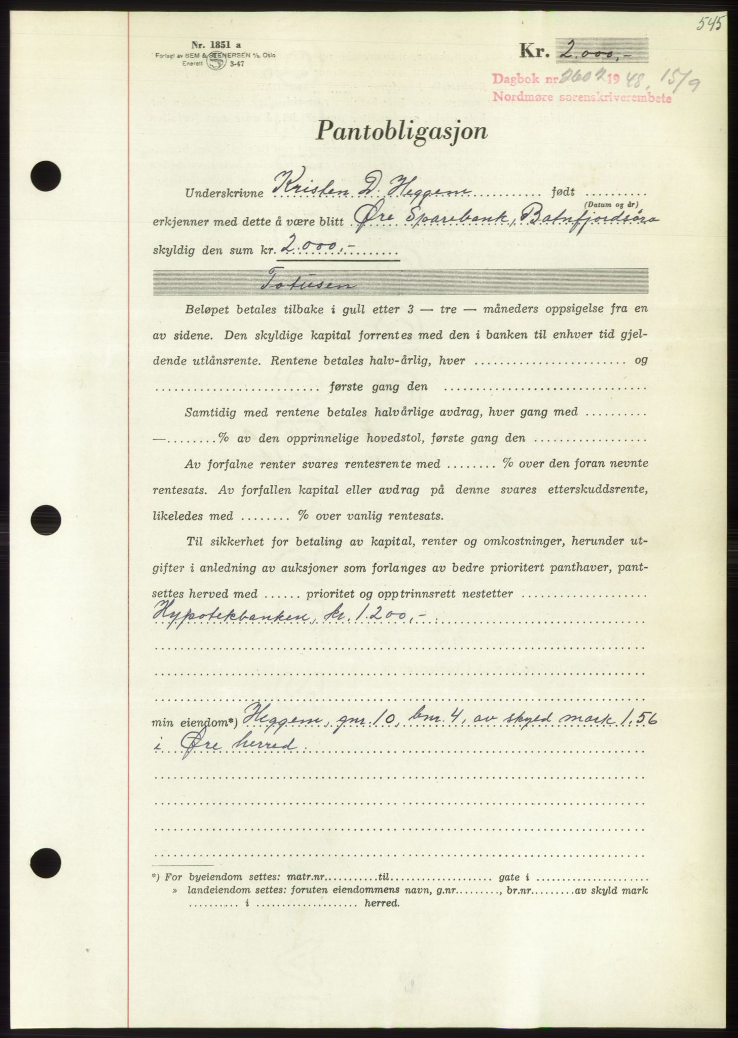 Nordmøre sorenskriveri, SAT/A-4132/1/2/2Ca: Pantebok nr. B99, 1948-1948, Dagboknr: 2602/1948