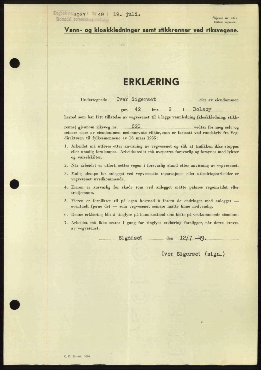 Romsdal sorenskriveri, SAT/A-4149/1/2/2C: Pantebok nr. A30, 1949-1949, Dagboknr: 2027/1949
