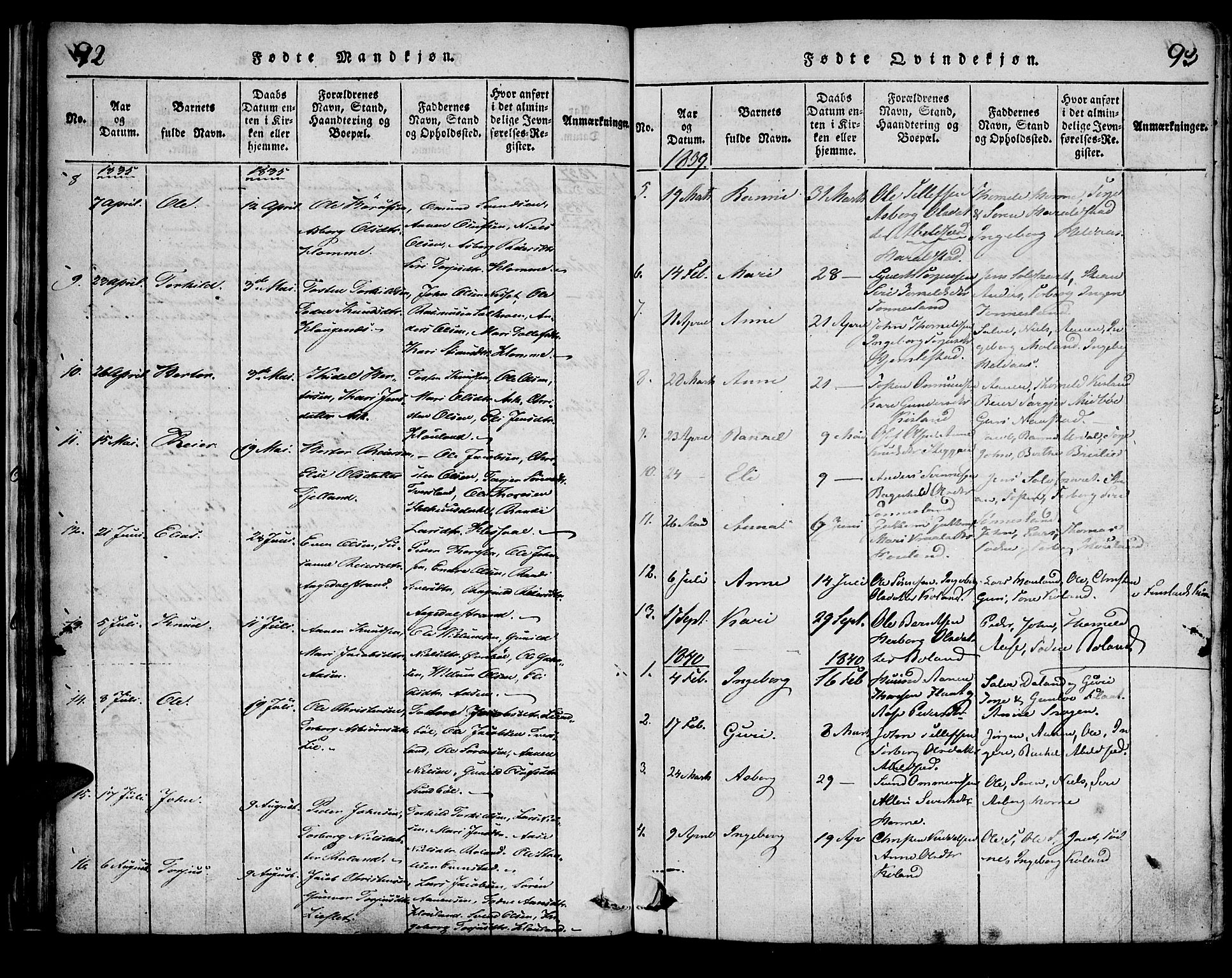 Bjelland sokneprestkontor, SAK/1111-0005/F/Fa/Faa/L0002: Ministerialbok nr. A 2, 1816-1866, s. 92-93