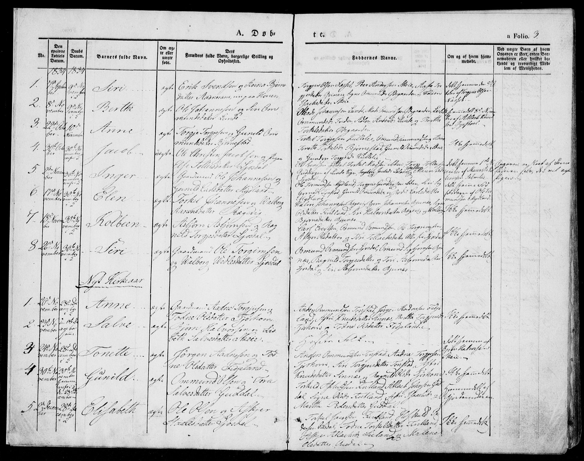 Bakke sokneprestkontor, AV/SAK-1111-0002/F/Fa/Faa/L0004: Ministerialbok nr. A 4, 1834-1846, s. 3