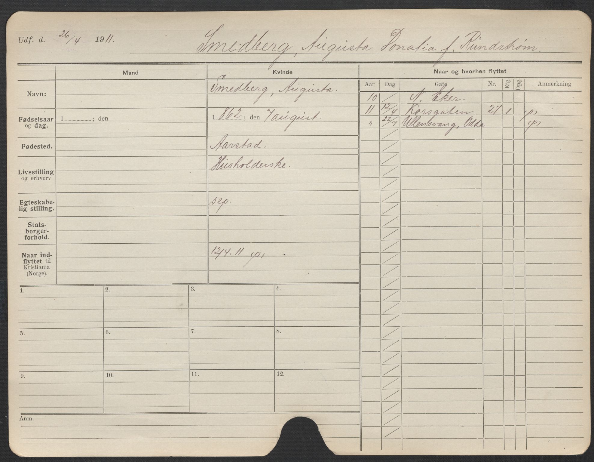 Oslo folkeregister, Registerkort, AV/SAO-A-11715/F/Fa/Fac/L0024: Kvinner, 1906-1914, s. 23a