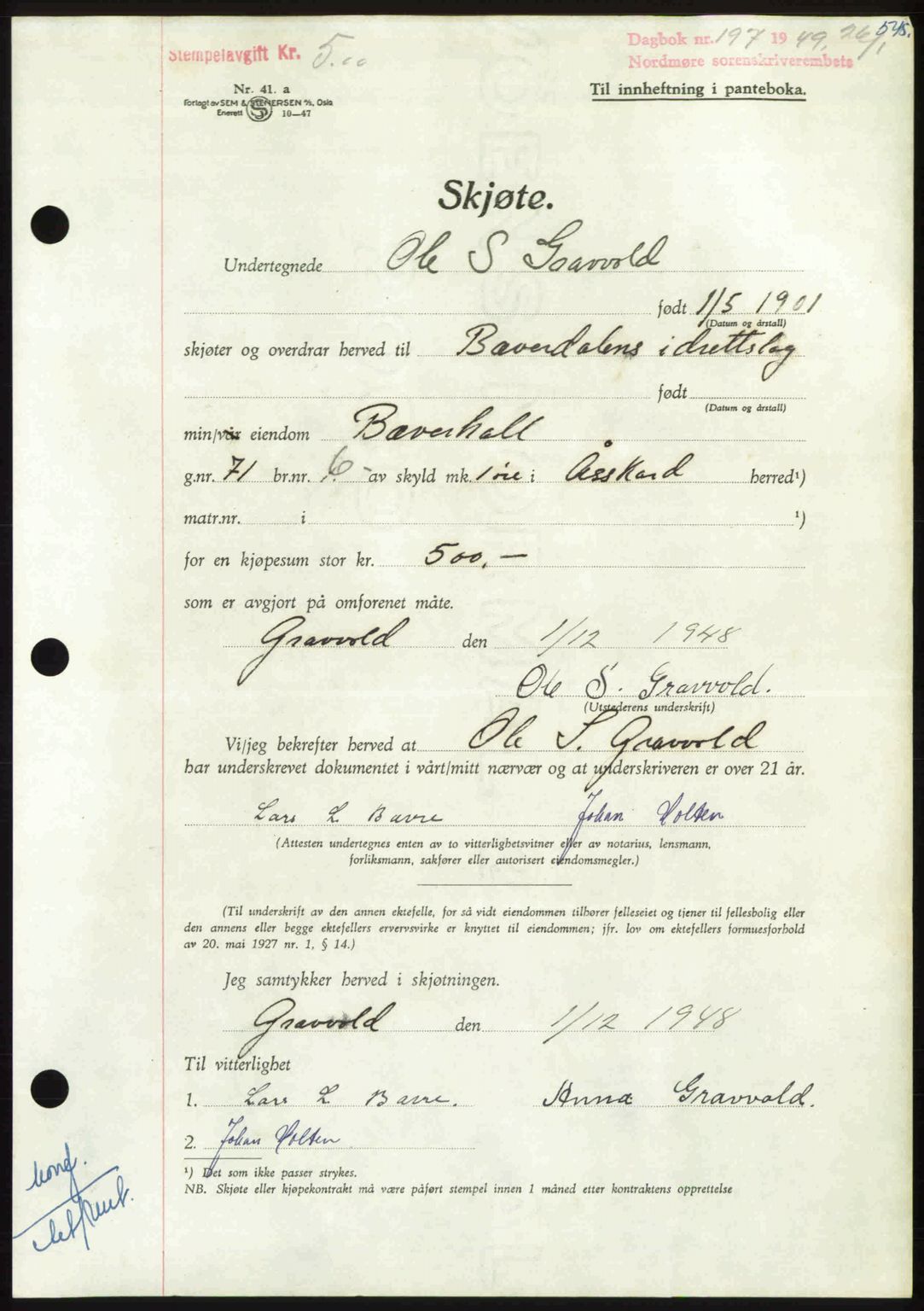 Nordmøre sorenskriveri, AV/SAT-A-4132/1/2/2Ca: Pantebok nr. A110, 1948-1949, Dagboknr: 197/1949