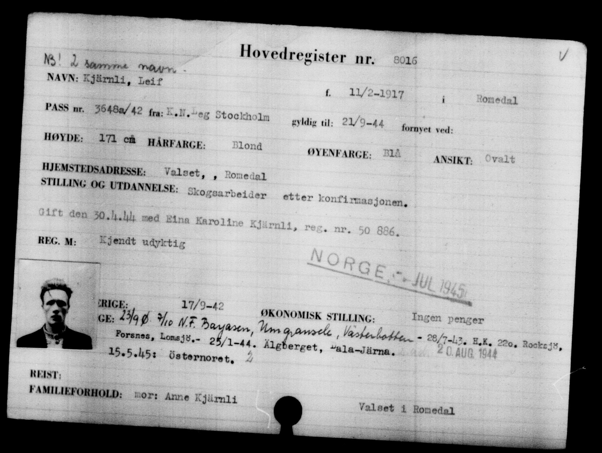 Utenriksstasjonene, Legasjonen i Stockholm, Flyktningkontoret, AV/RA-S-6753/V/Va/L0005: Kjesäterkartoteket, flyktninger med registreringsnr. 6600-9417, 1940-1945, s. 1661