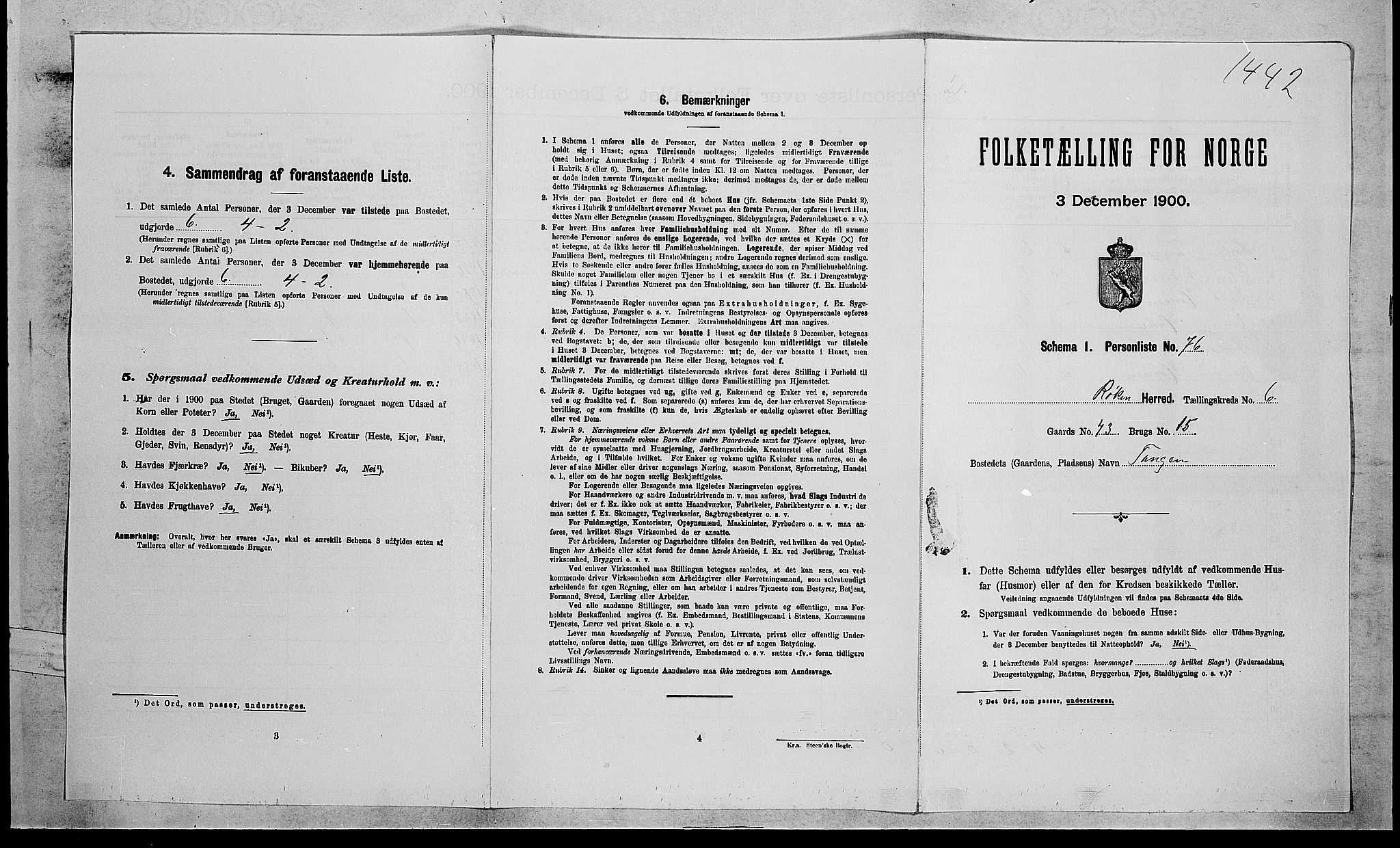RA, Folketelling 1900 for 0627 Røyken herred, 1900, s. 929