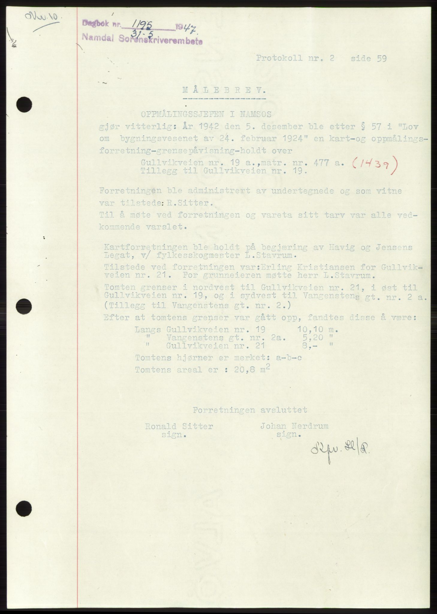 Namdal sorenskriveri, SAT/A-4133/1/2/2C: Pantebok nr. -, 1947-1947, Dagboknr: 1195/1947