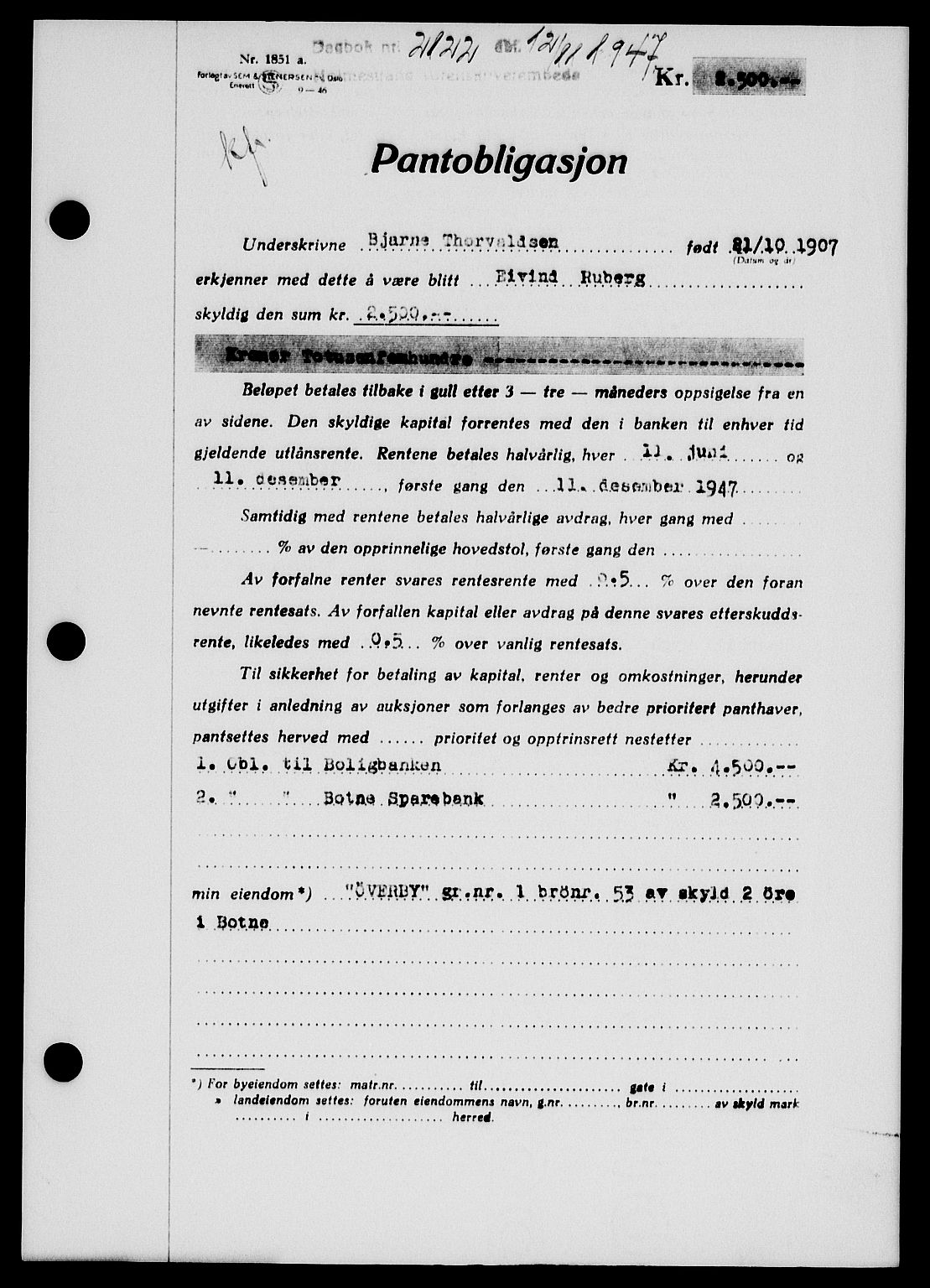 Holmestrand sorenskriveri, SAKO/A-67/G/Ga/Gab/L0058: Pantebok nr. B-58, 1947-1948, Dagboknr: 2122/1947