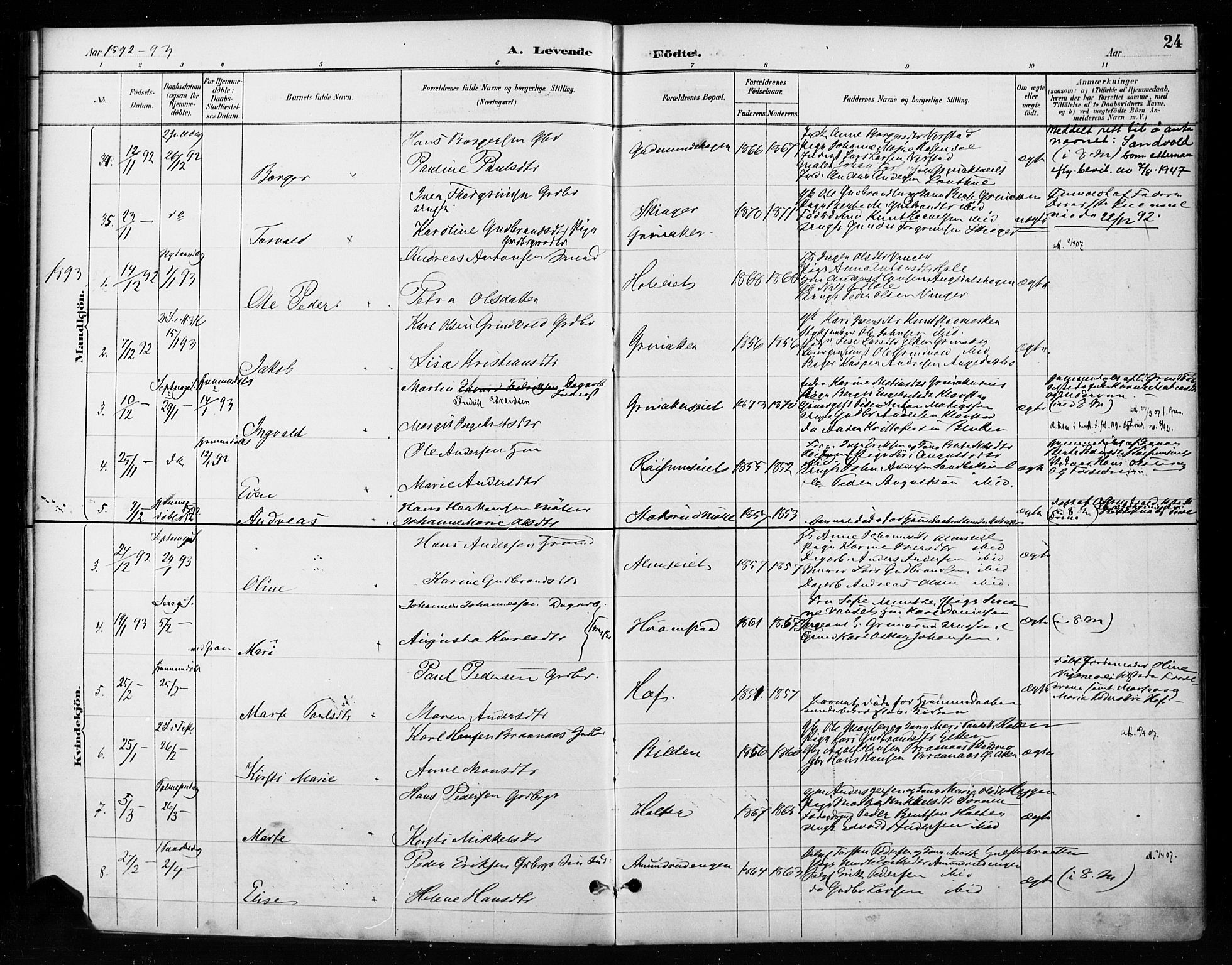 Gran prestekontor, AV/SAH-PREST-112/H/Ha/Haa/L0018: Ministerialbok nr. 18, 1889-1899, s. 24