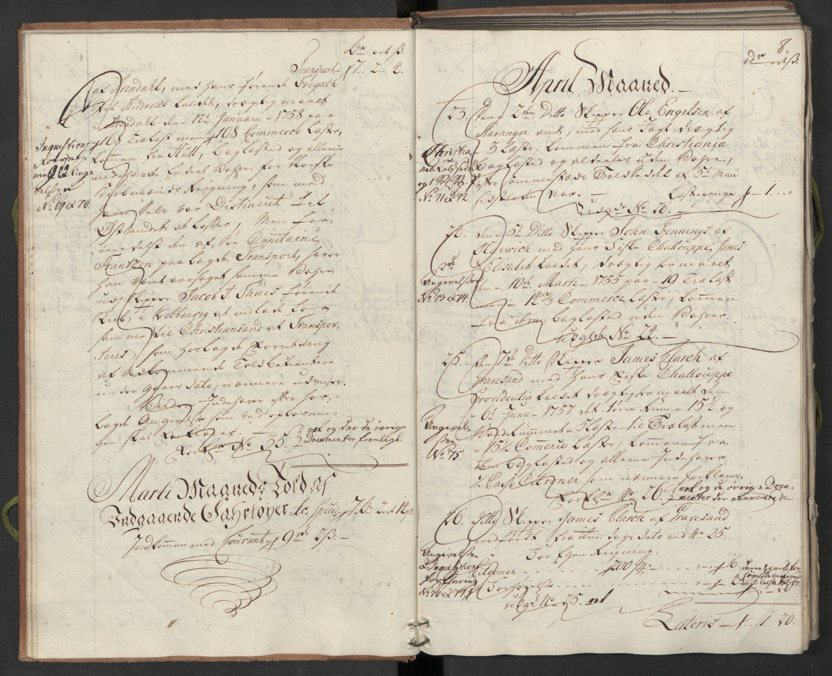 Generaltollkammeret, tollregnskaper, AV/RA-EA-5490/R22/L0024/0001: Tollregnskaper Stavanger / Hovedtollbok, 1762, s. 7b-8a