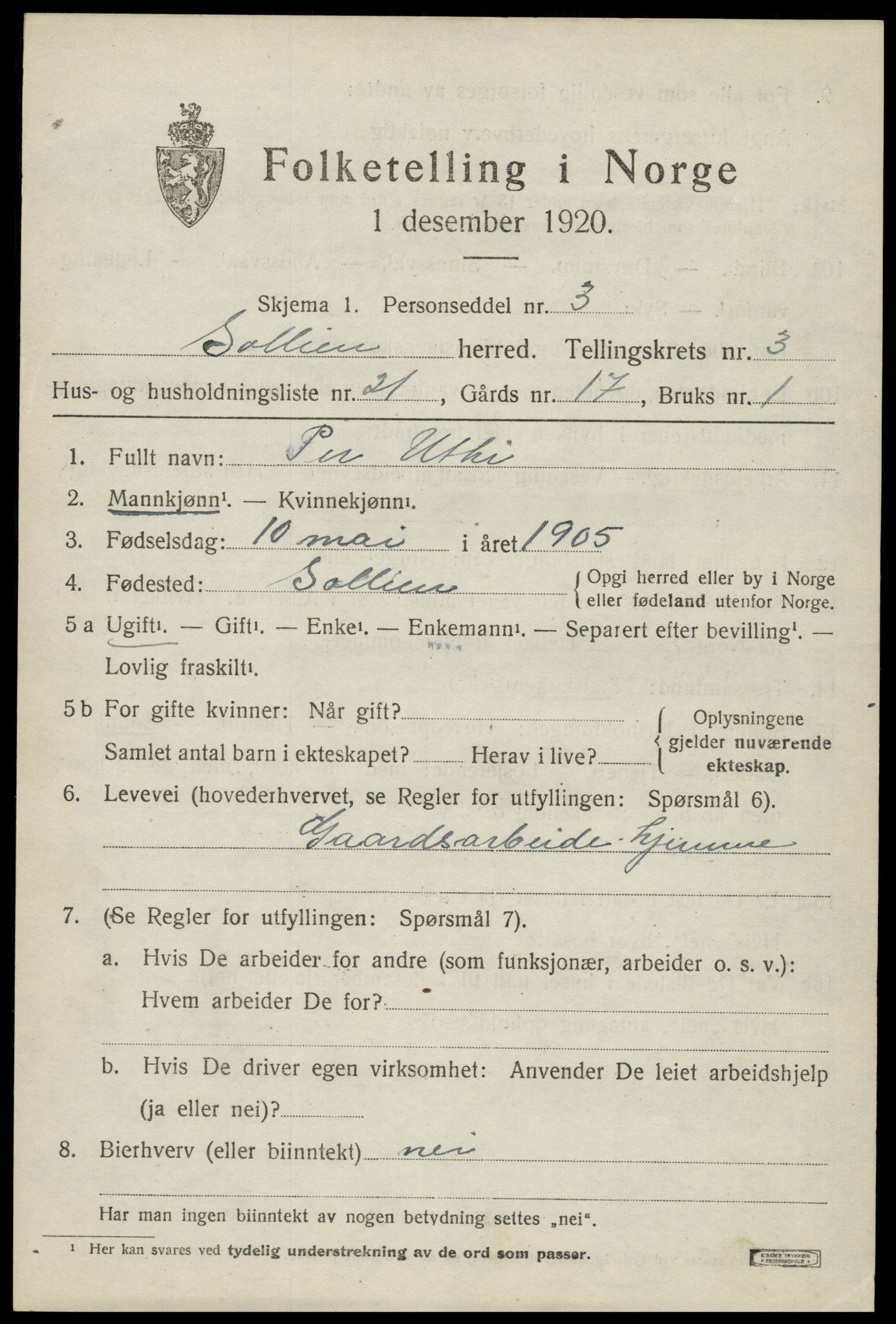 SAH, Folketelling 1920 for 0431 Sollia herred, 1920, s. 891