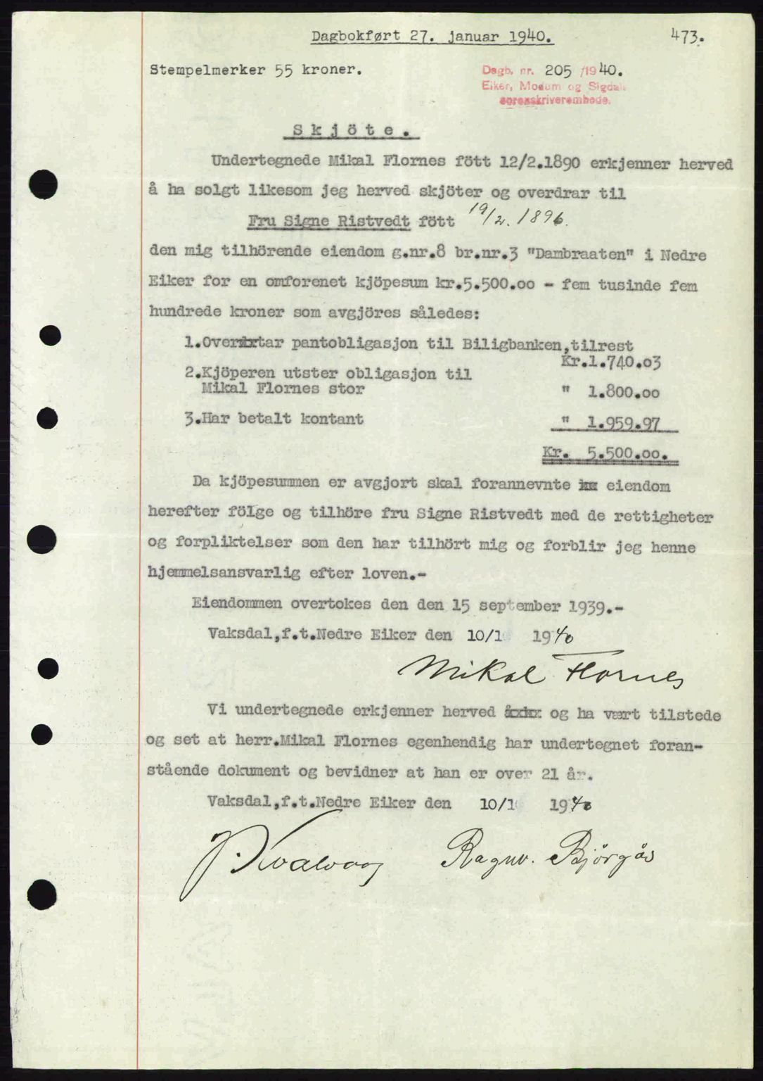 Eiker, Modum og Sigdal sorenskriveri, SAKO/A-123/G/Ga/Gab/L0041: Pantebok nr. A11, 1939-1940, Dagboknr: 205/1940