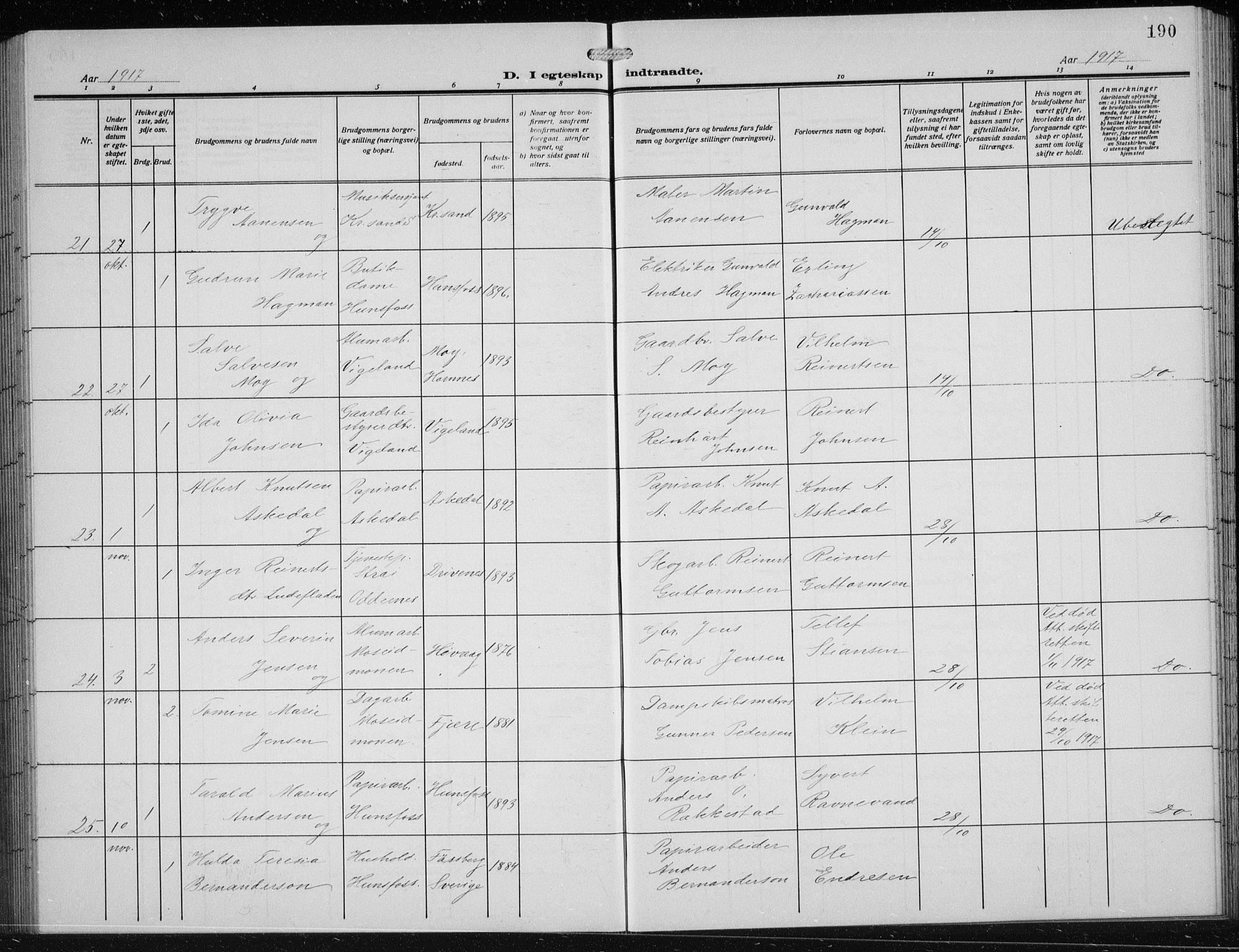 Vennesla sokneprestkontor, AV/SAK-1111-0045/Fb/Fbb/L0006: Klokkerbok nr. B 6, 1914-1921, s. 190