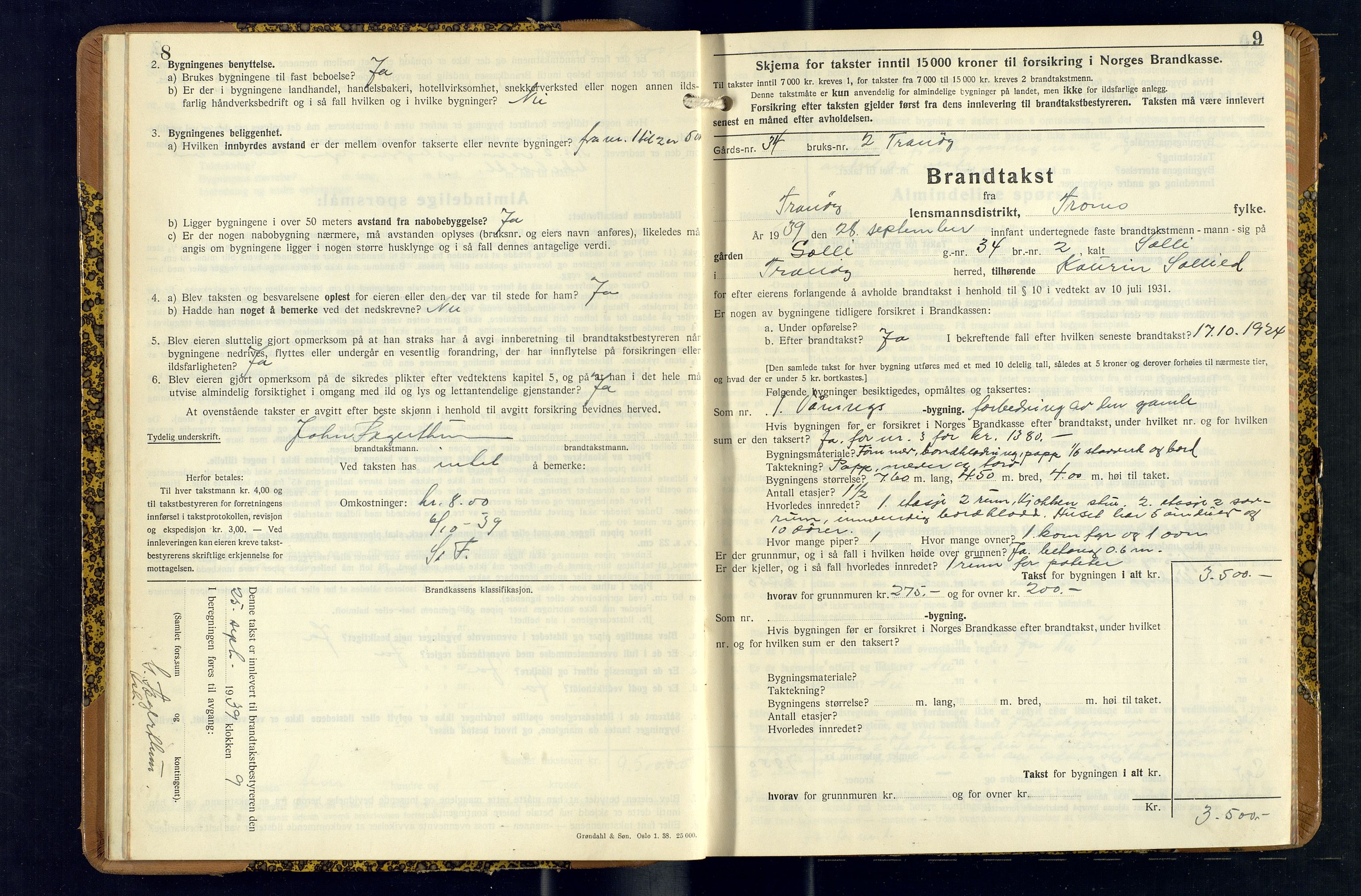 Tranøy lensmannskontor (Sørreisa lensmannskontor), AV/SATØ-SATØ-46/1/F/Fq/Fqc/L0271: Branntakstprotokoller, 1939-1947, s. 8-9