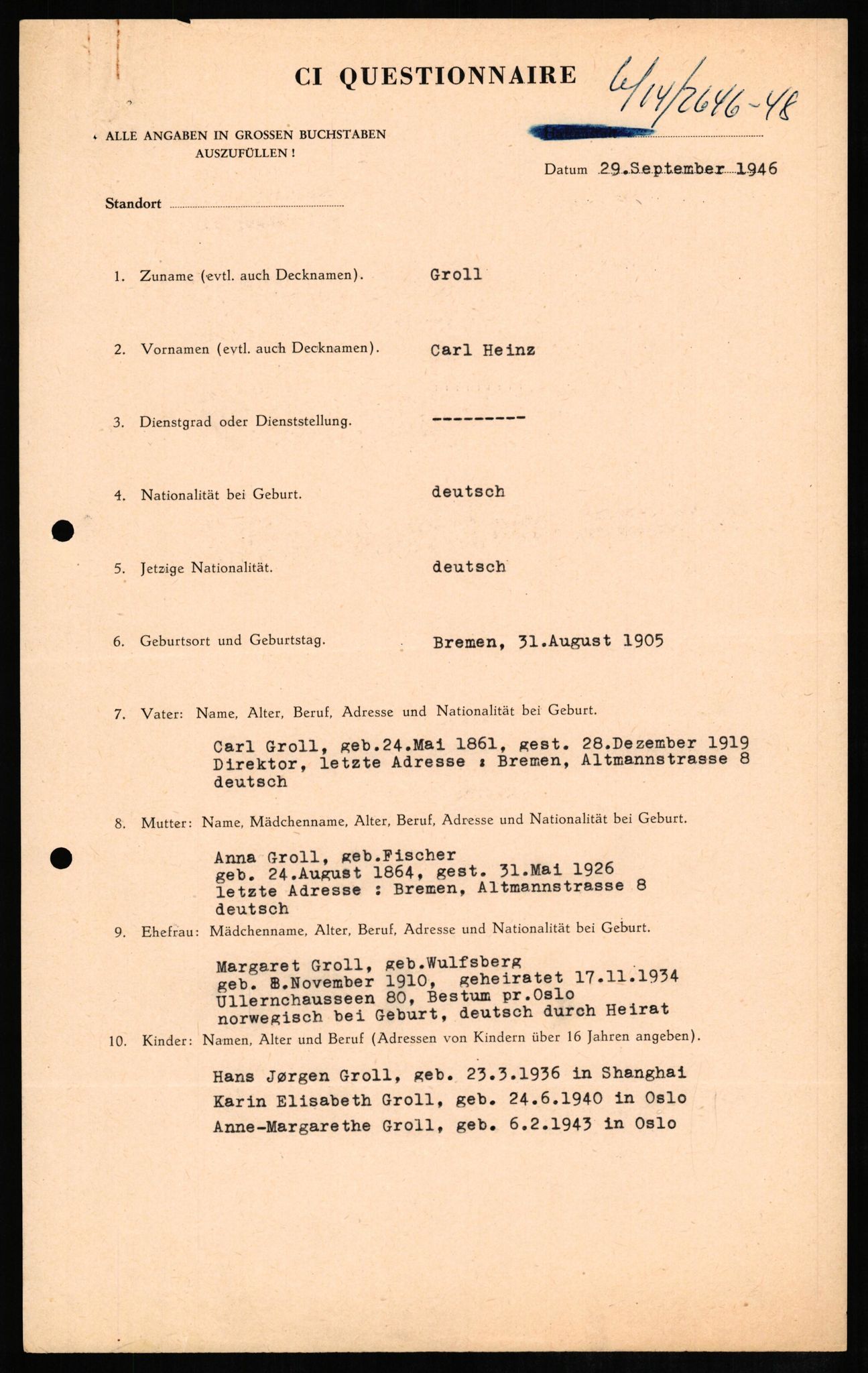 Forsvaret, Forsvarets overkommando II, AV/RA-RAFA-3915/D/Db/L0010: CI Questionaires. Tyske okkupasjonsstyrker i Norge. Tyskere., 1945-1946, s. 230