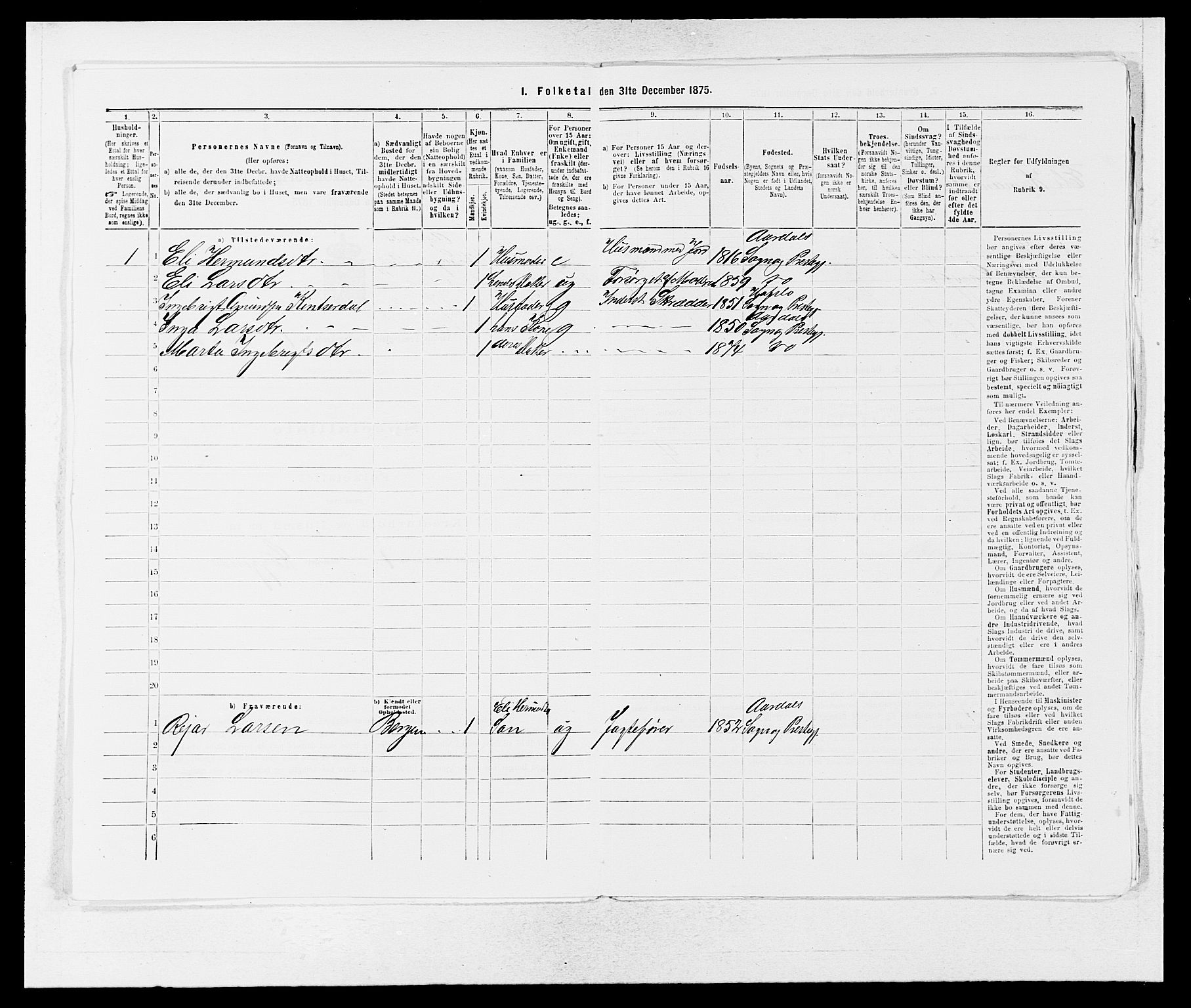SAB, Folketelling 1875 for 1424P Årdal prestegjeld, 1875, s. 165