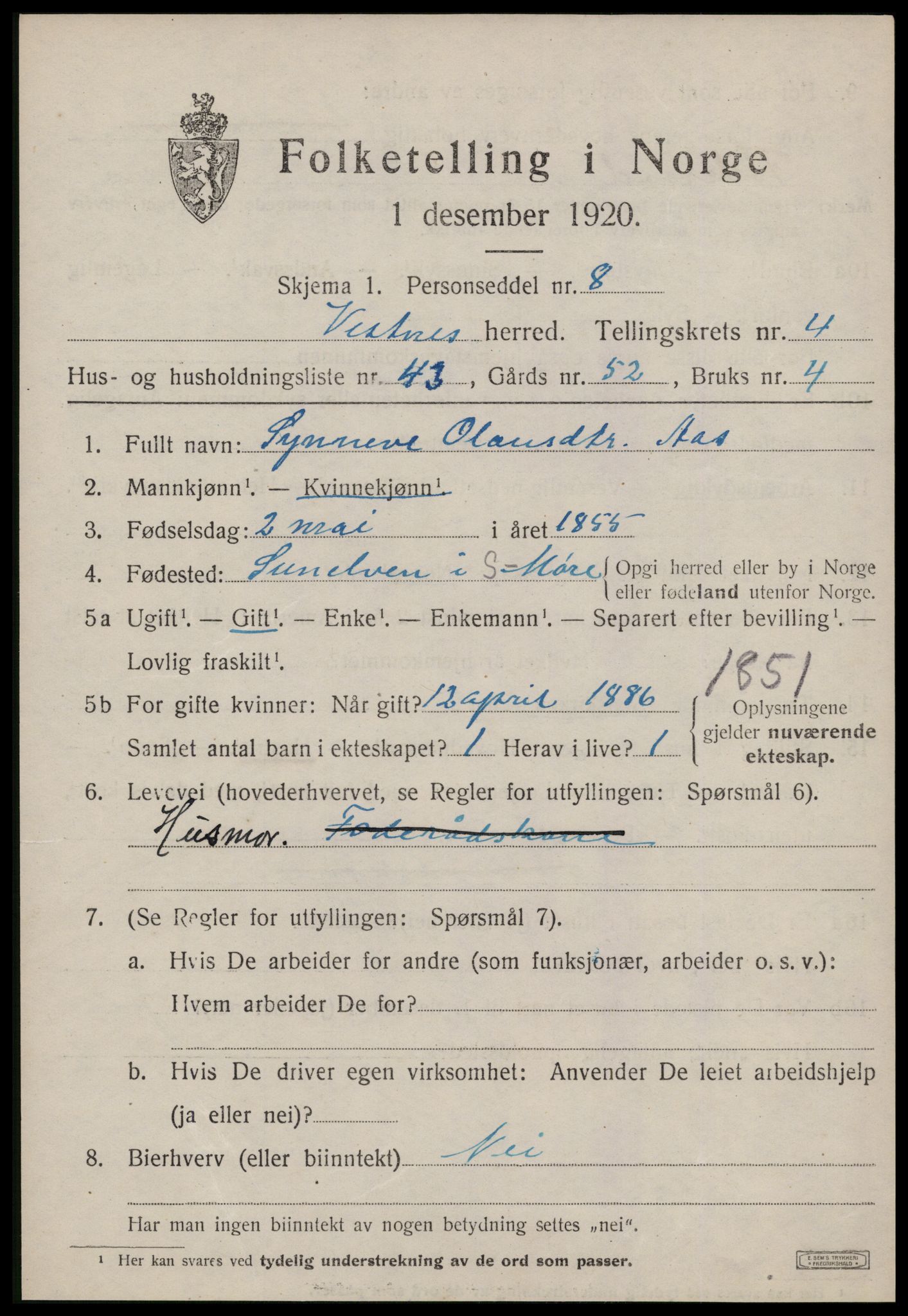SAT, Folketelling 1920 for 1535 Vestnes herred, 1920, s. 3791