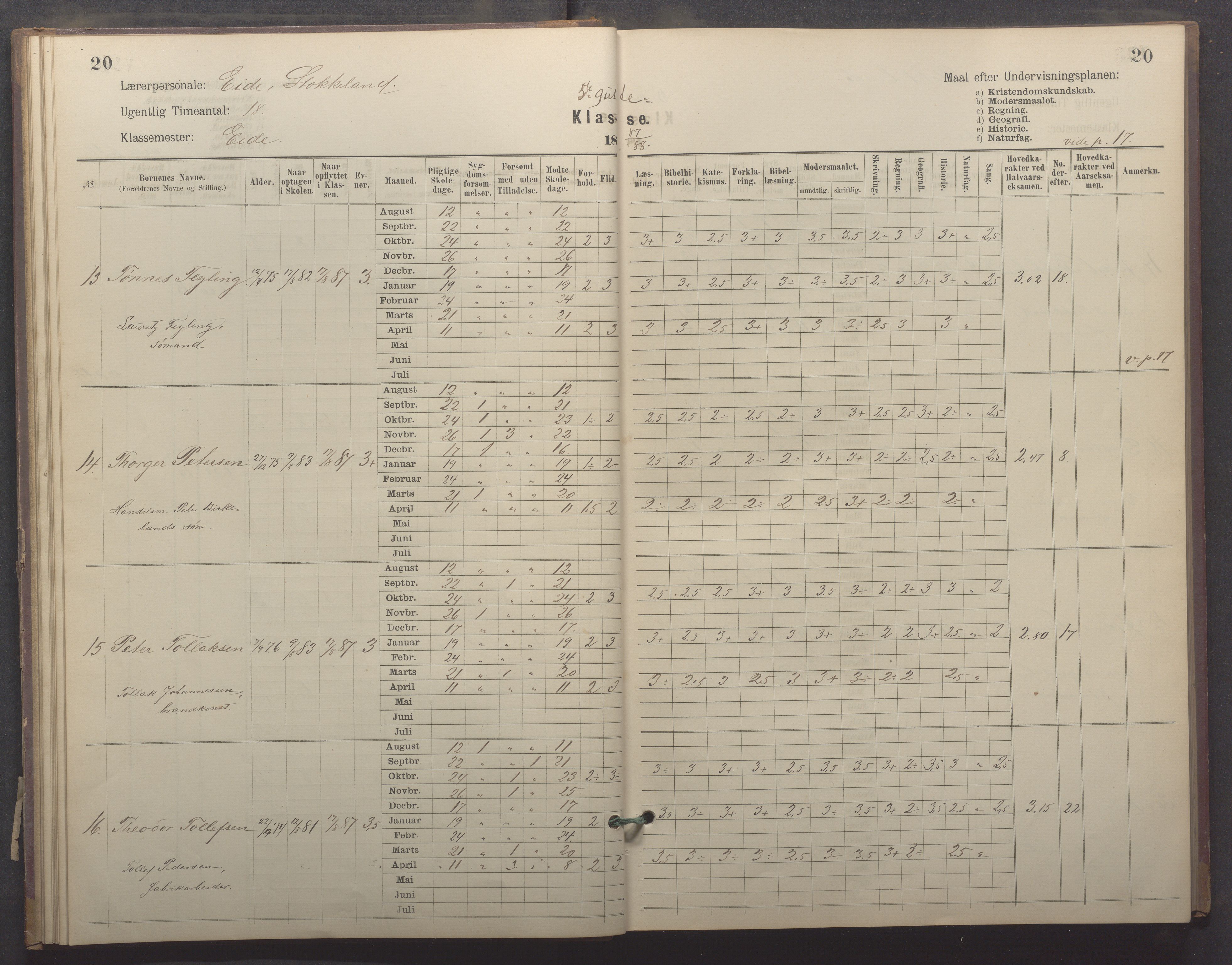 Egersund kommune (Ladested) - Egersund almueskole/folkeskole, IKAR/K-100521/H/L0022: Skoleprotokoll - Almueskolen, 5. klasse, 1886-1892, s. 20