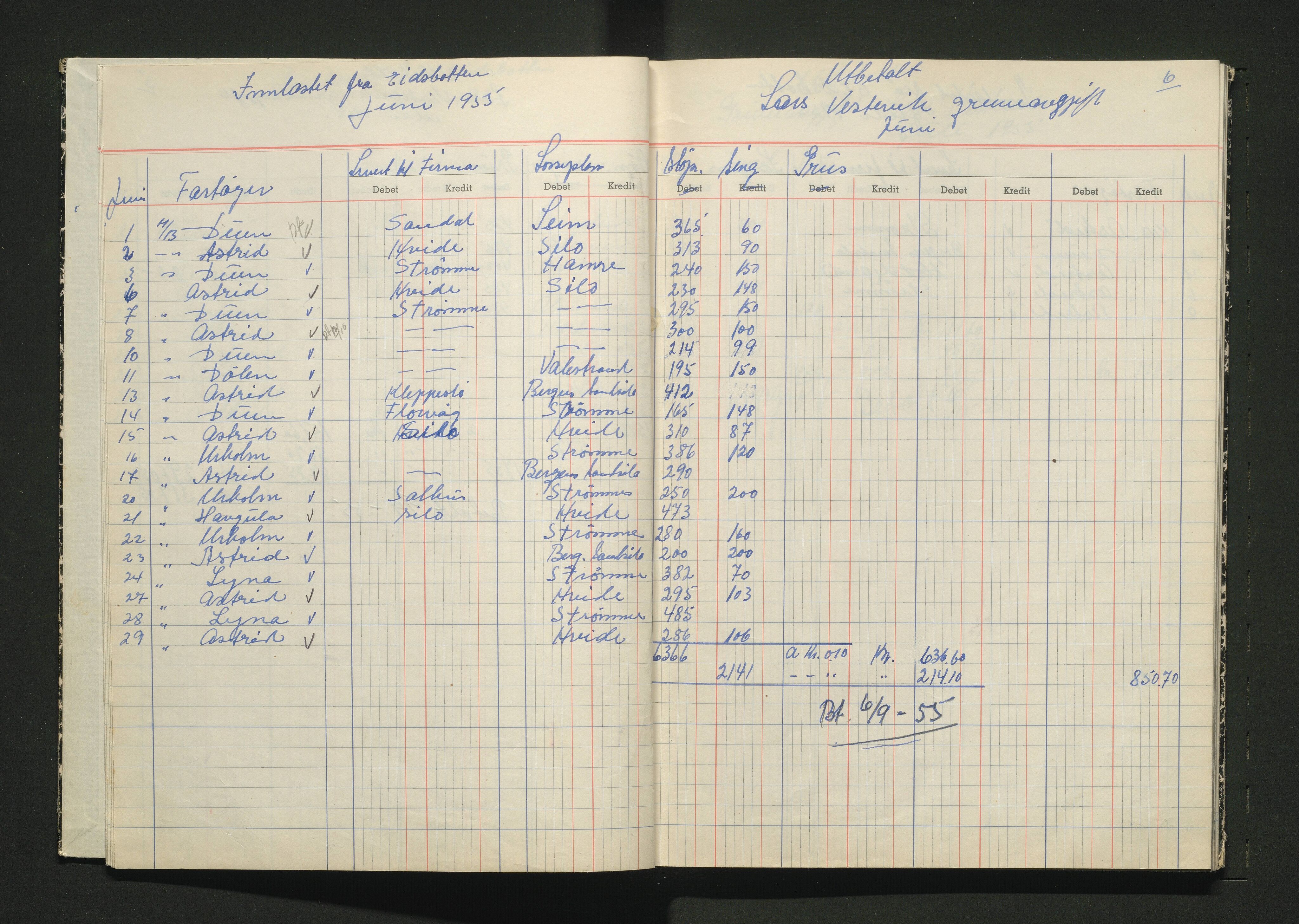 Osterfjorden fartøy- og sandeigarlag AL, IKAH/1263-Pa0031/R/Rb/L0001: Protokoll over innbetalte gruveavgifter, 1955-1956