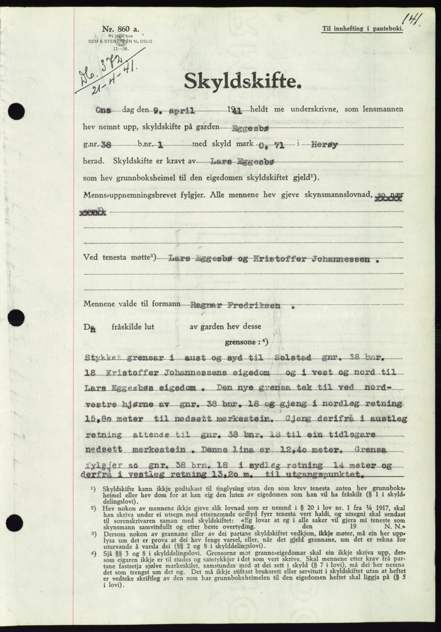 Søre Sunnmøre sorenskriveri, AV/SAT-A-4122/1/2/2C/L0071: Pantebok nr. 65, 1941-1941, Dagboknr: 372/1941