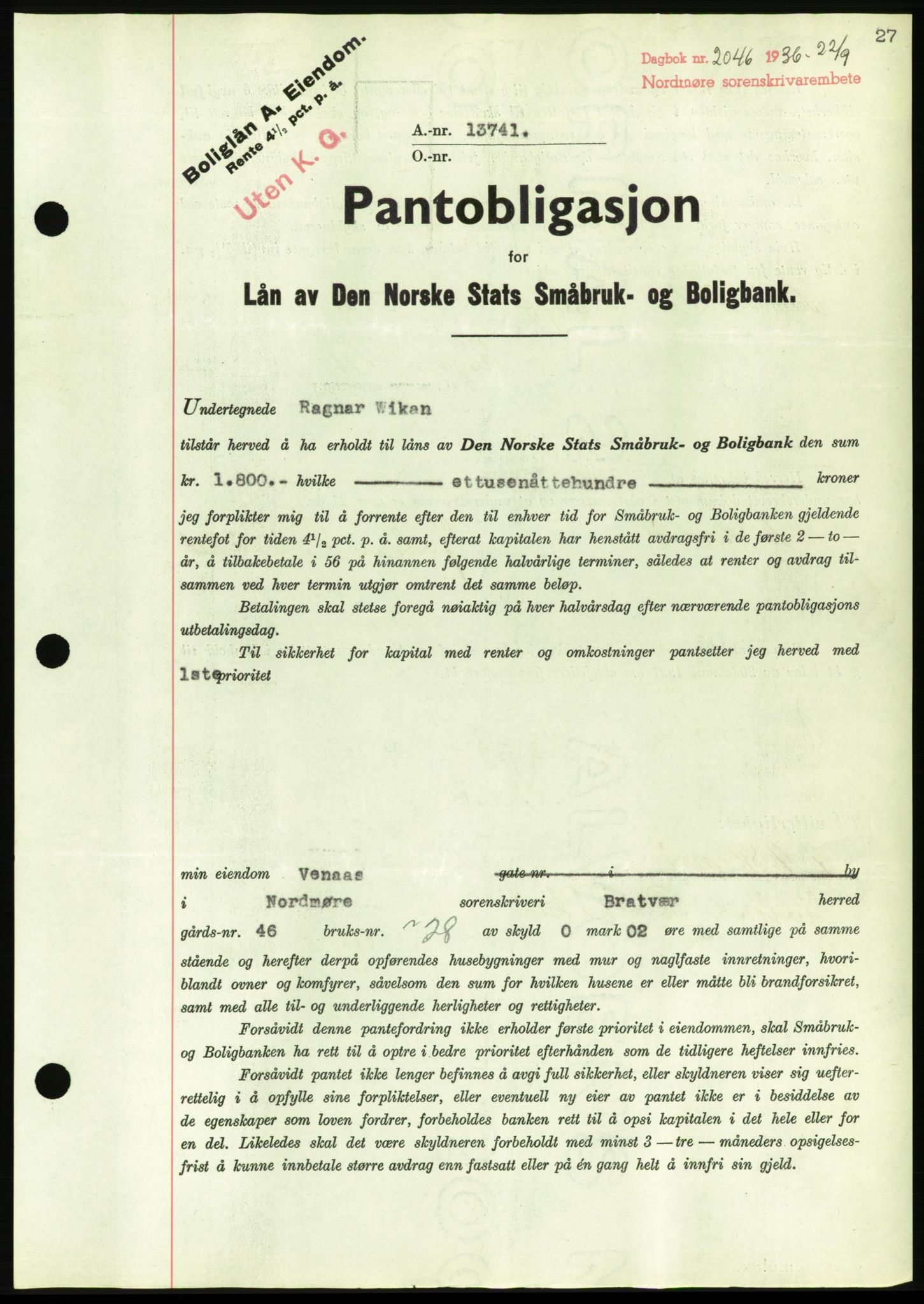 Nordmøre sorenskriveri, AV/SAT-A-4132/1/2/2Ca/L0090: Pantebok nr. B80, 1936-1937, Dagboknr: 2046/1936